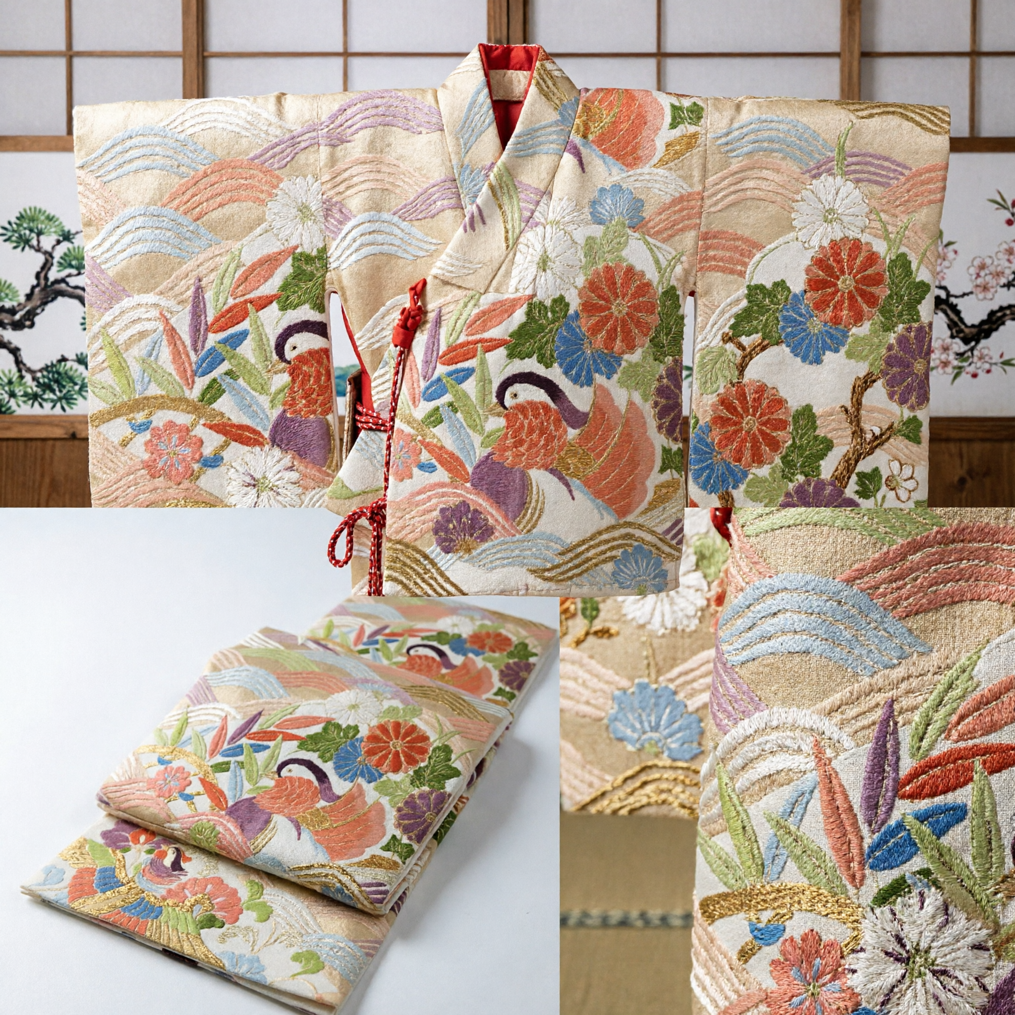 Traditional Japanese Silk Brocade Fabric Featuring Auspicious Crane and Chrysanthemum Pattern for Kimono and Costume Making