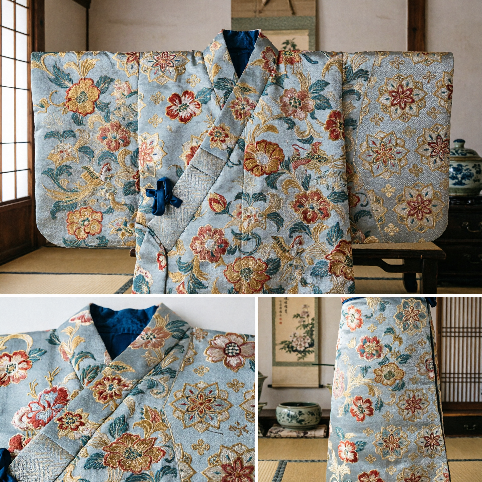 Traditional Chinese Grey Silk Brocade Fabric with Gold Floral Pattern for Hanfu and Tang Suit Making