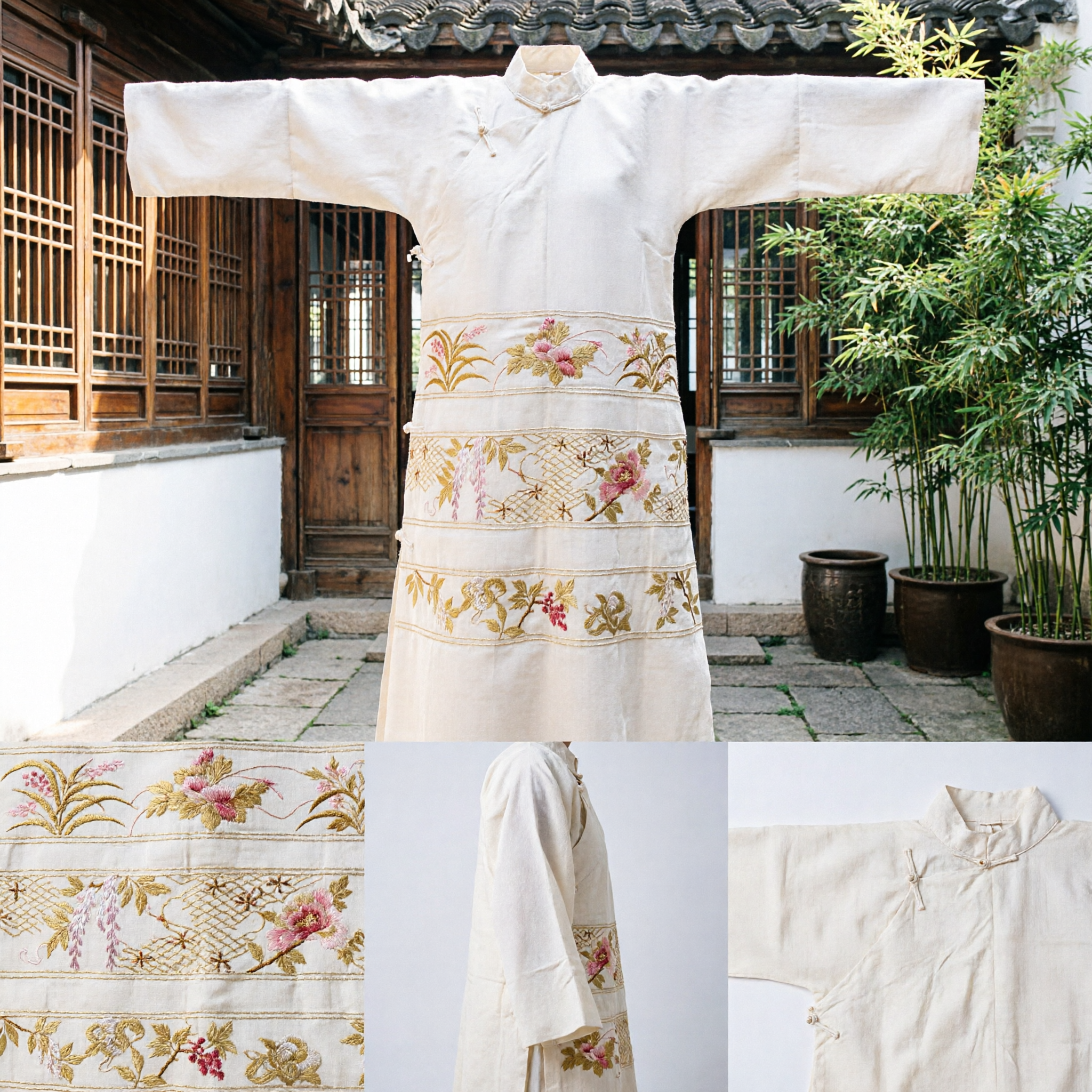 Traditional Chinese White Hanfu Robe with Exquisite Gold Floral Embroidery for Wedding and Tea Ceremony