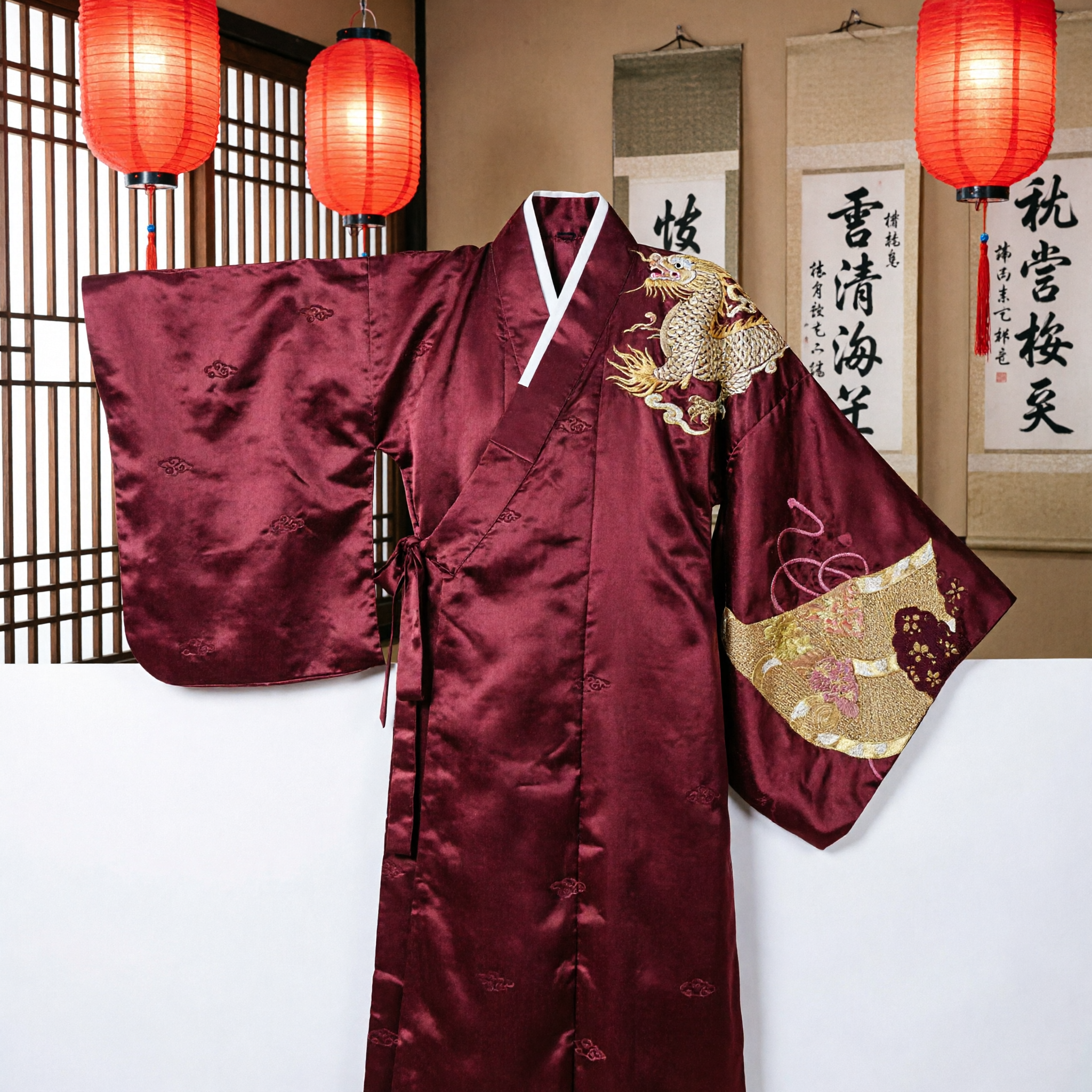 Traditional Maroon Silk Hanfu Sash with Gold Fan Embroidery for Women's Asian Costume Accessories