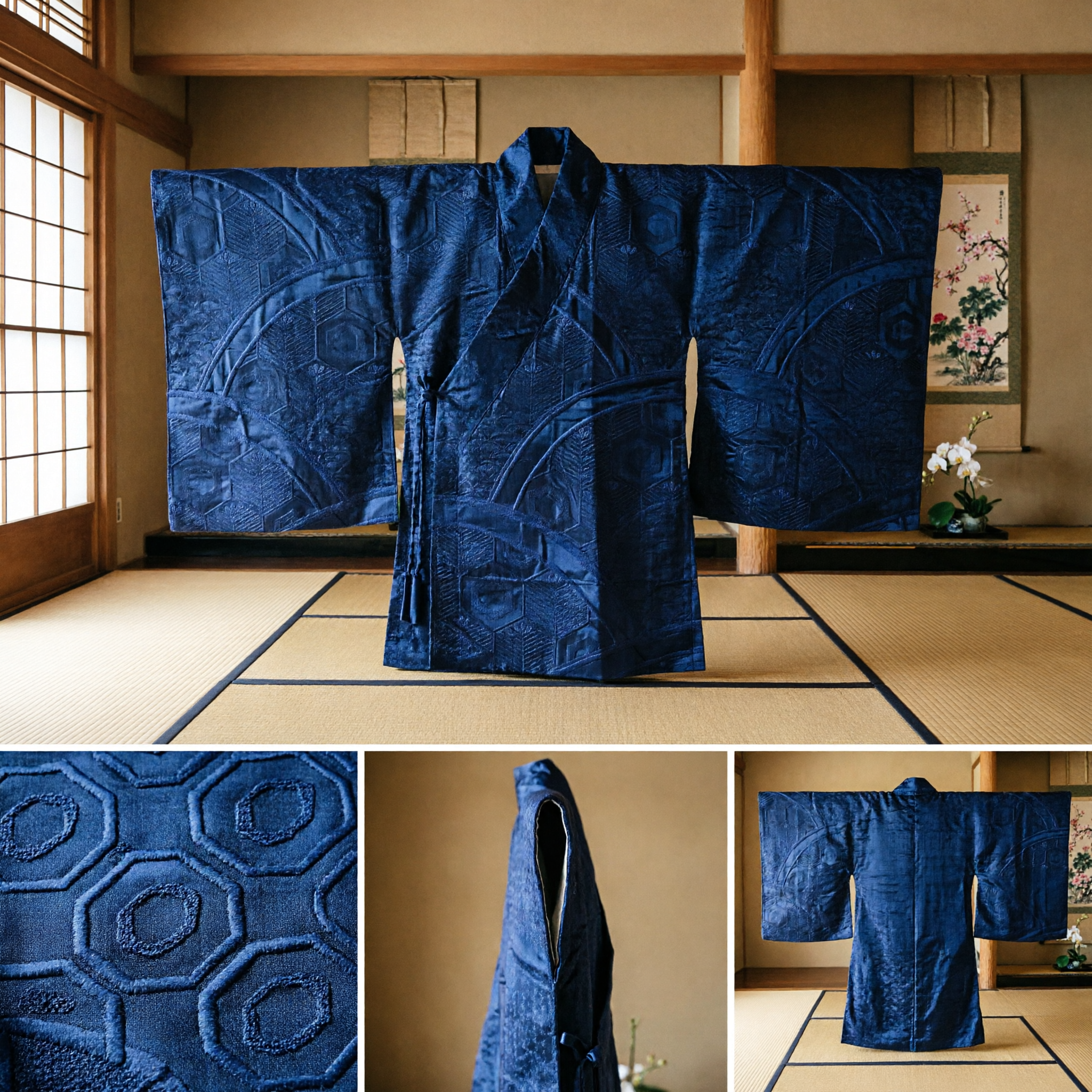 Navy Blue Asian Traditional Brocade Fabric Hexagon Wave Pattern Material for Hanfu Kimono DIY Costume