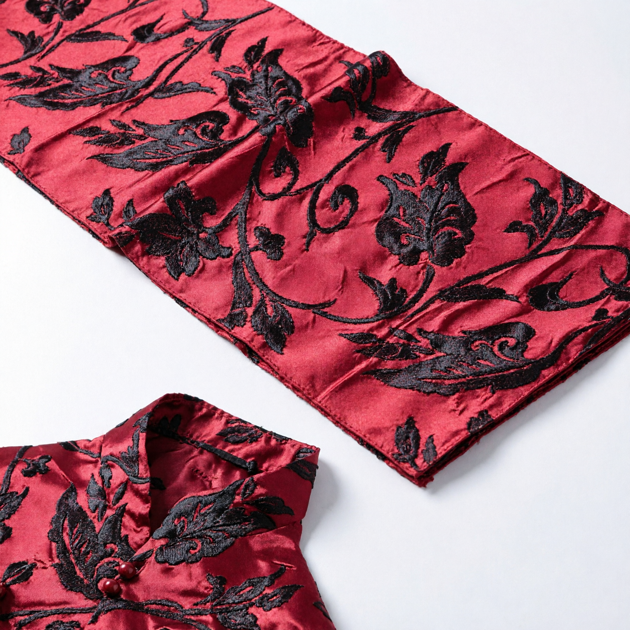 Premium Chinese Red Brocade Fabric with Dark Floral Vine Pattern for Hanfu Qipao Traditional Costume Making