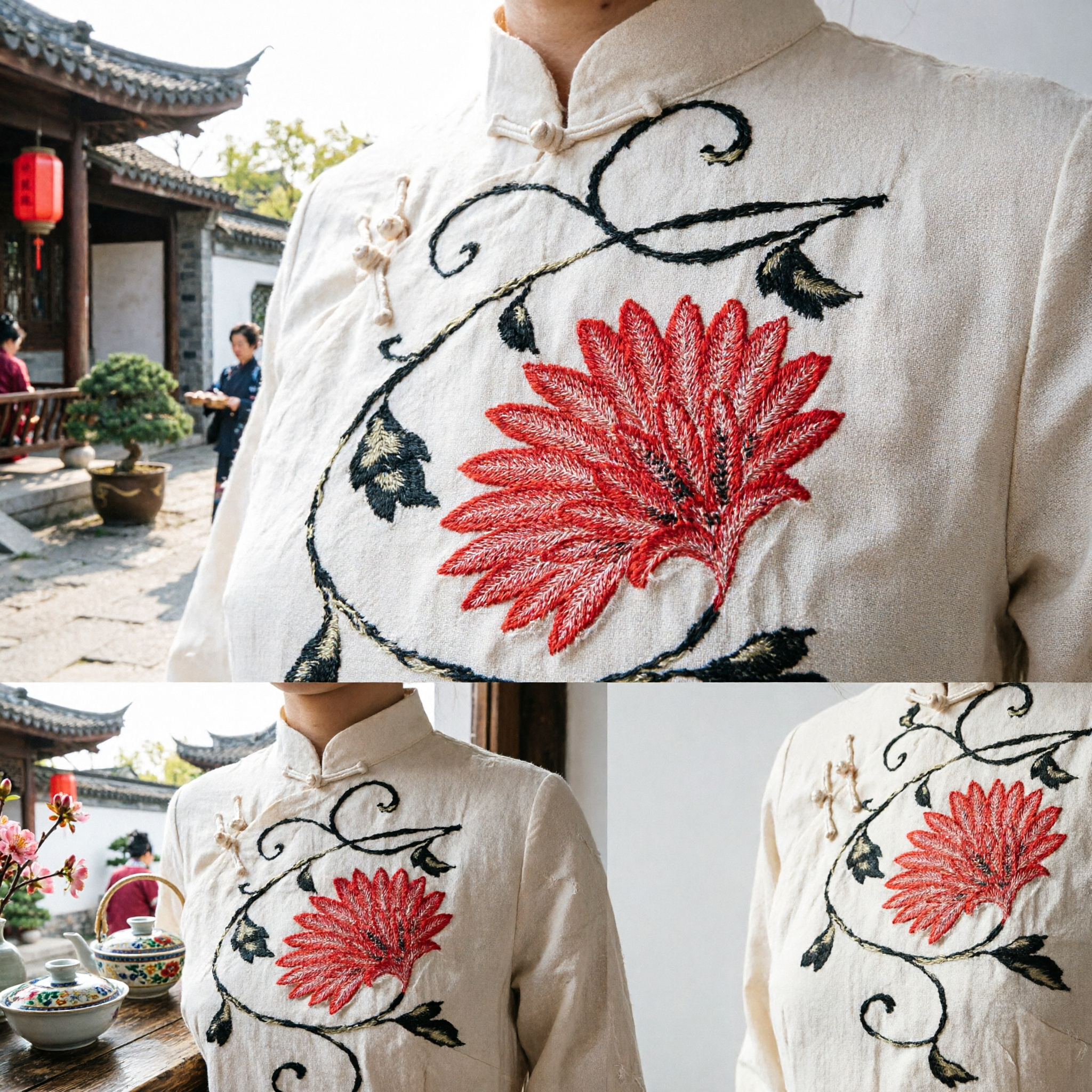 Traditional Chinese Hanfu Embroidery Sash White Silk Scarf with Red Floral Design Costume Accessory for Women