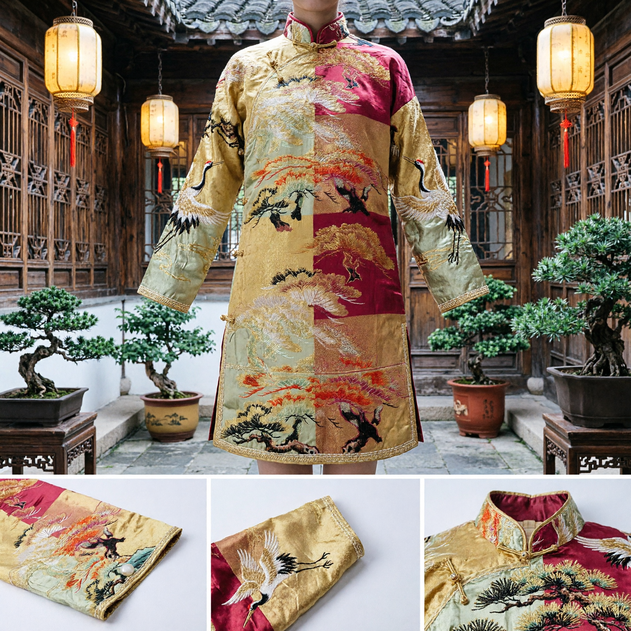 Traditional Chinese Red and Gold Silk Brocade Sash Belt Pine Tree Pattern for Hanfu