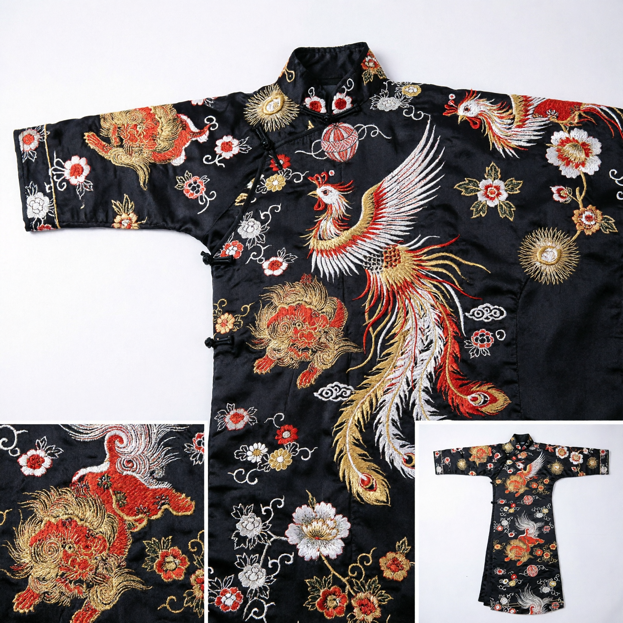 Traditional Chinese Black Embroidered Sash with Phoenix and Lion Motifs for Hanfu Opera Costume