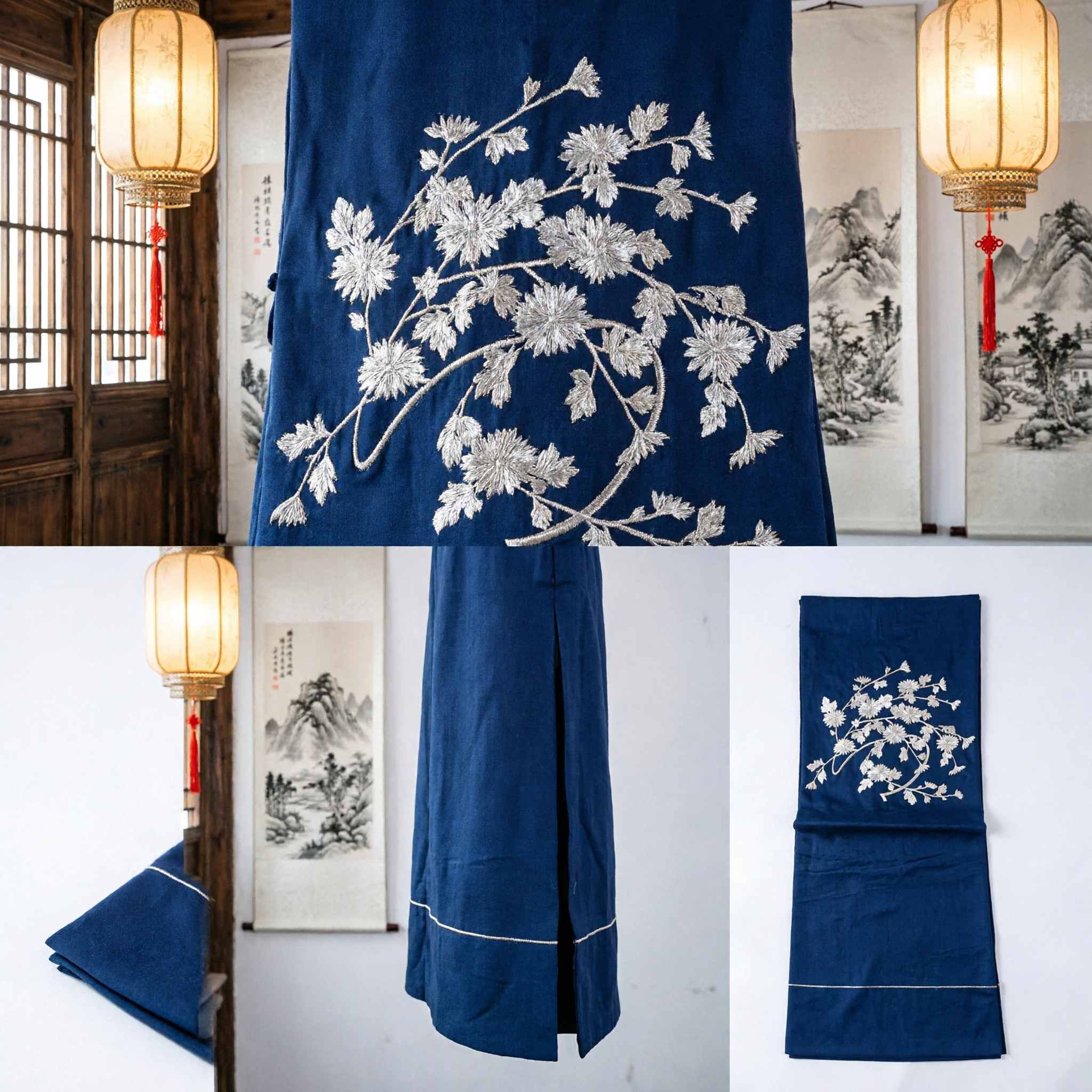 Traditional Chinese Navy Blue Silk Fabric with Delicate White Floral Embroidery for Hanfu Costume Making