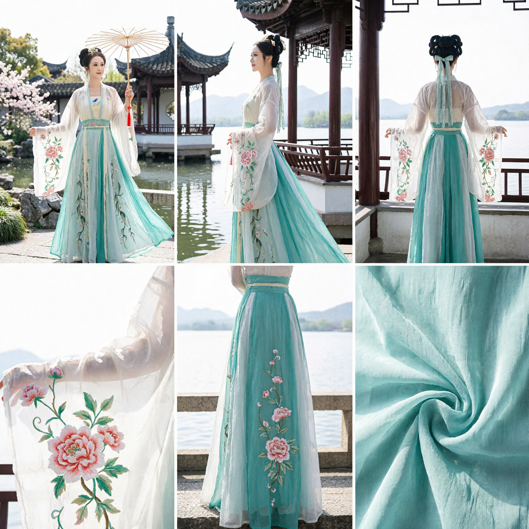 Traditional Chinese Hanfu Costume Women Ancient Fairy Dress Green Floral Embroidery Tang Dynasty Style Performance Wear