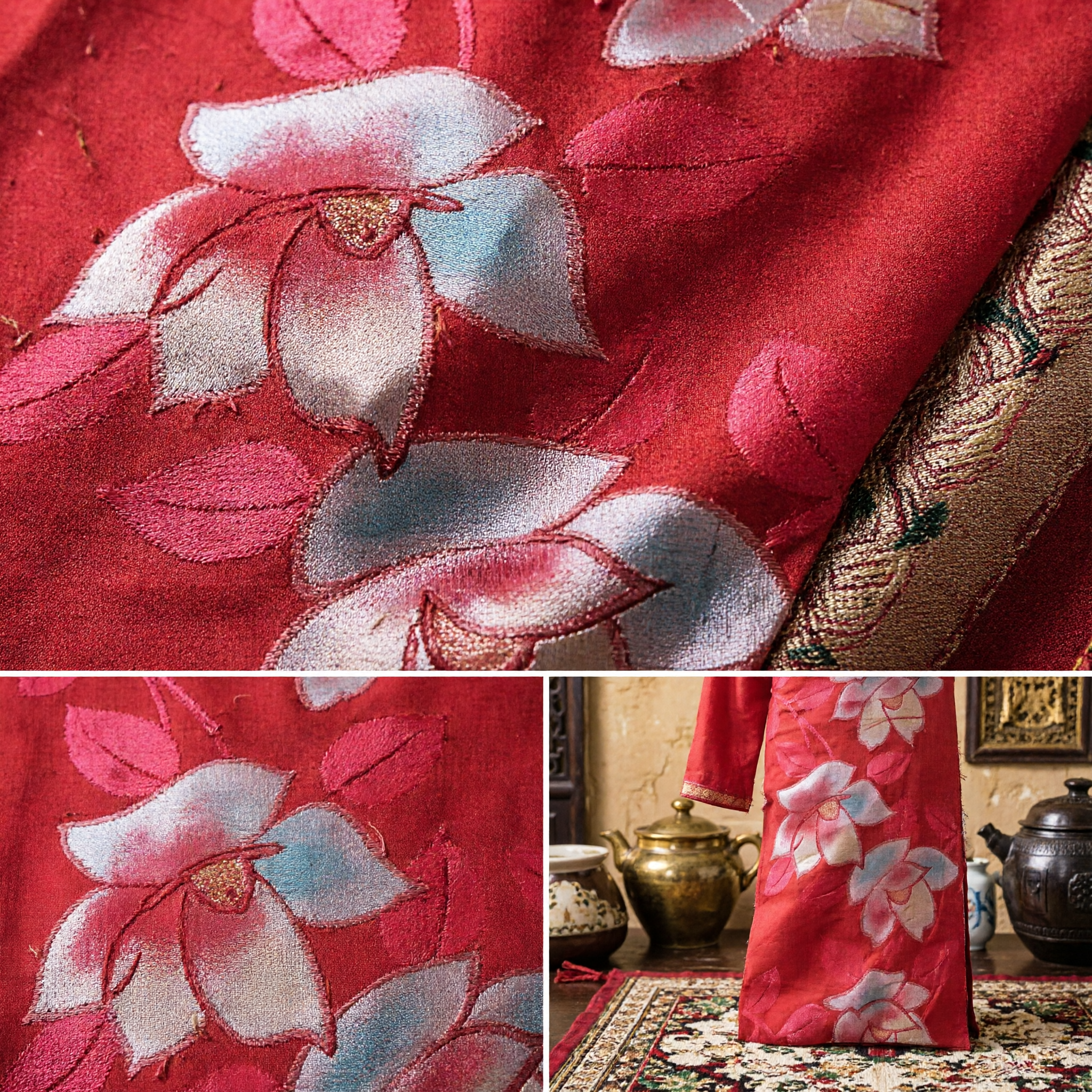 Premium Red Chinese Silk Brocade Fabric Featuring Elegant Lotus Flowers for Hanfu and Traditional Costumes