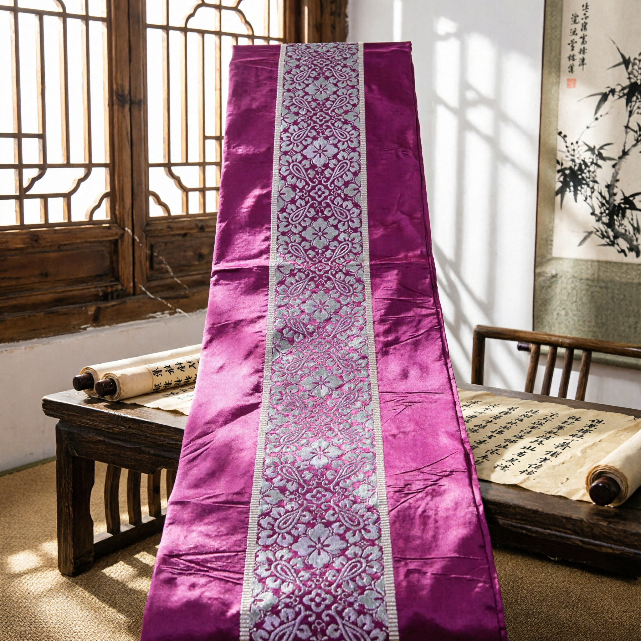 Traditional Chinese Pink Silk Scarf with Silver Brocade Pattern for Hanfu Costume Accessories