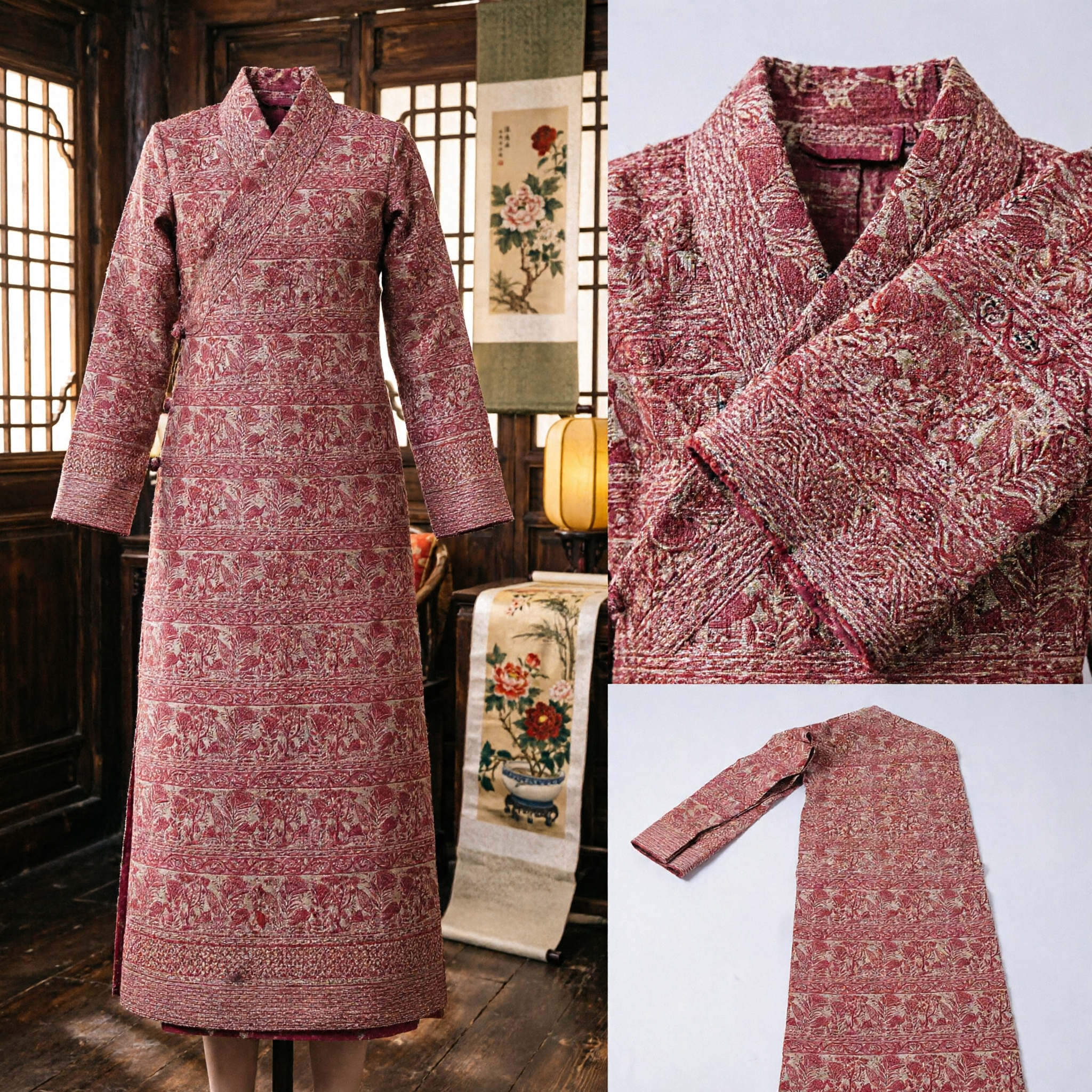 Chinese Traditional Red Floral Bird Pattern Fabric Sash for Hanfu Costume Accessories and Cultural Events