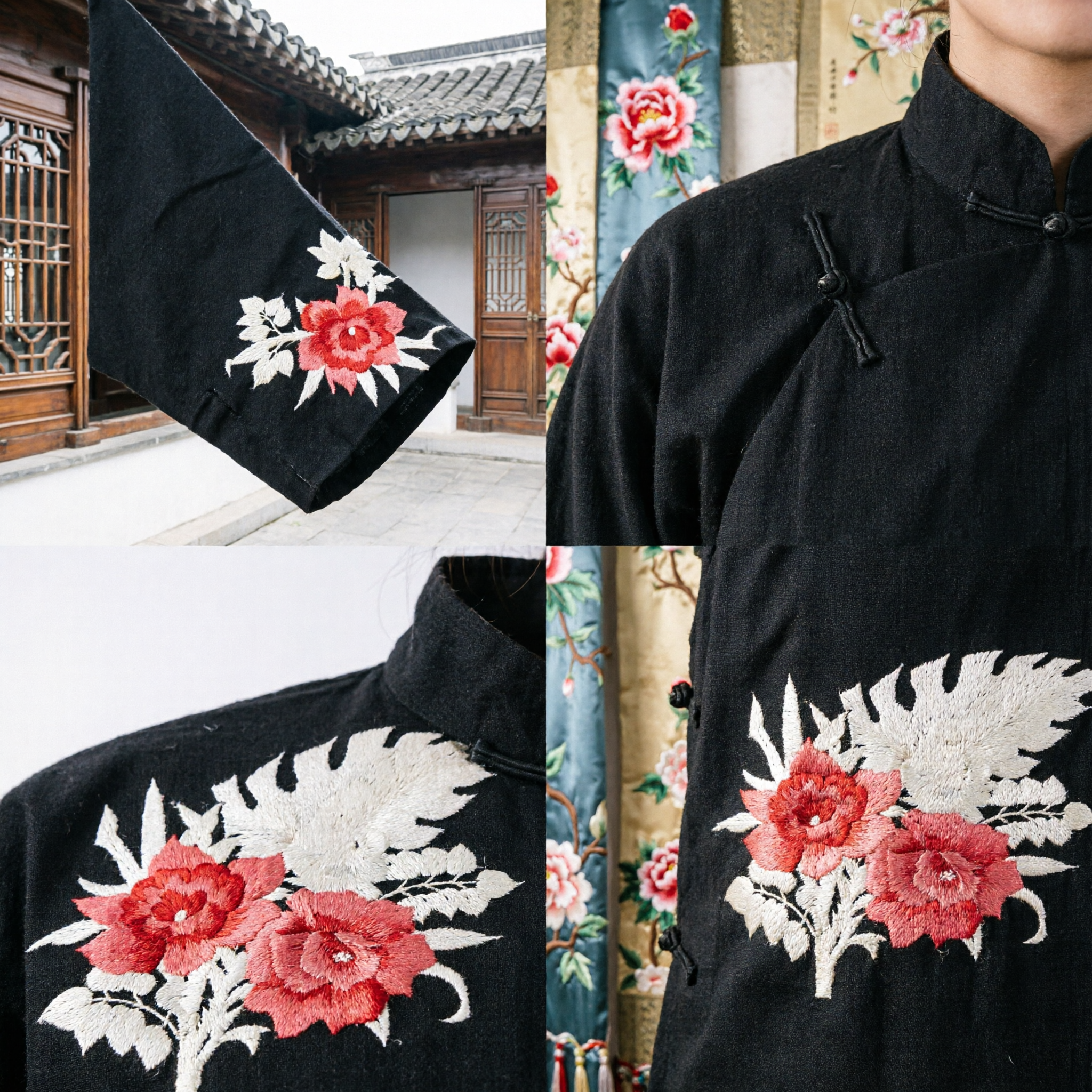 Traditional Chinese Black Embroidered Floral Sash for Hanfu Qipao Wedding Costume Accessory for Women