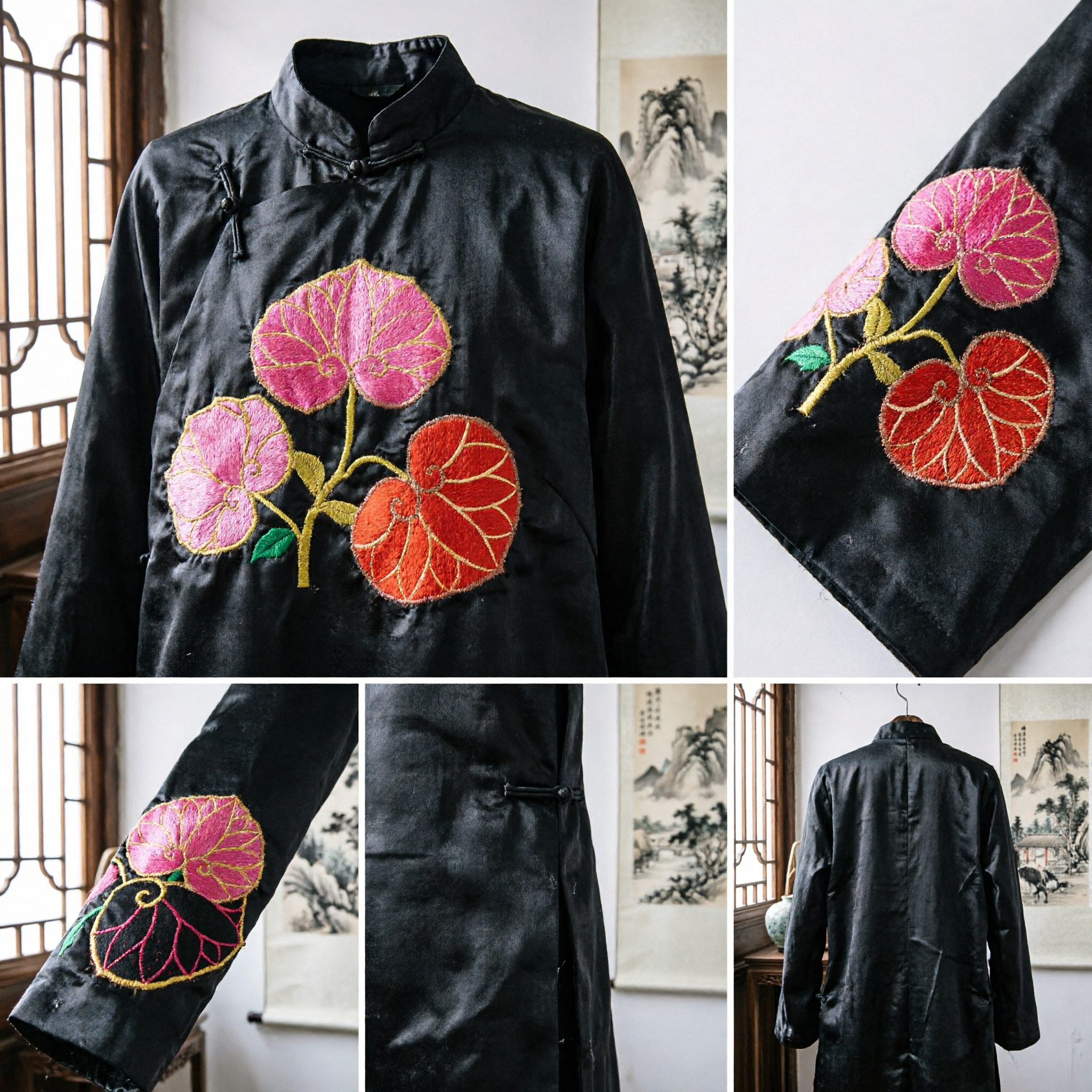 Traditional Chinese Black Velvet Embroidered Lotus Sash for Peking Opera Stage Performance Costume