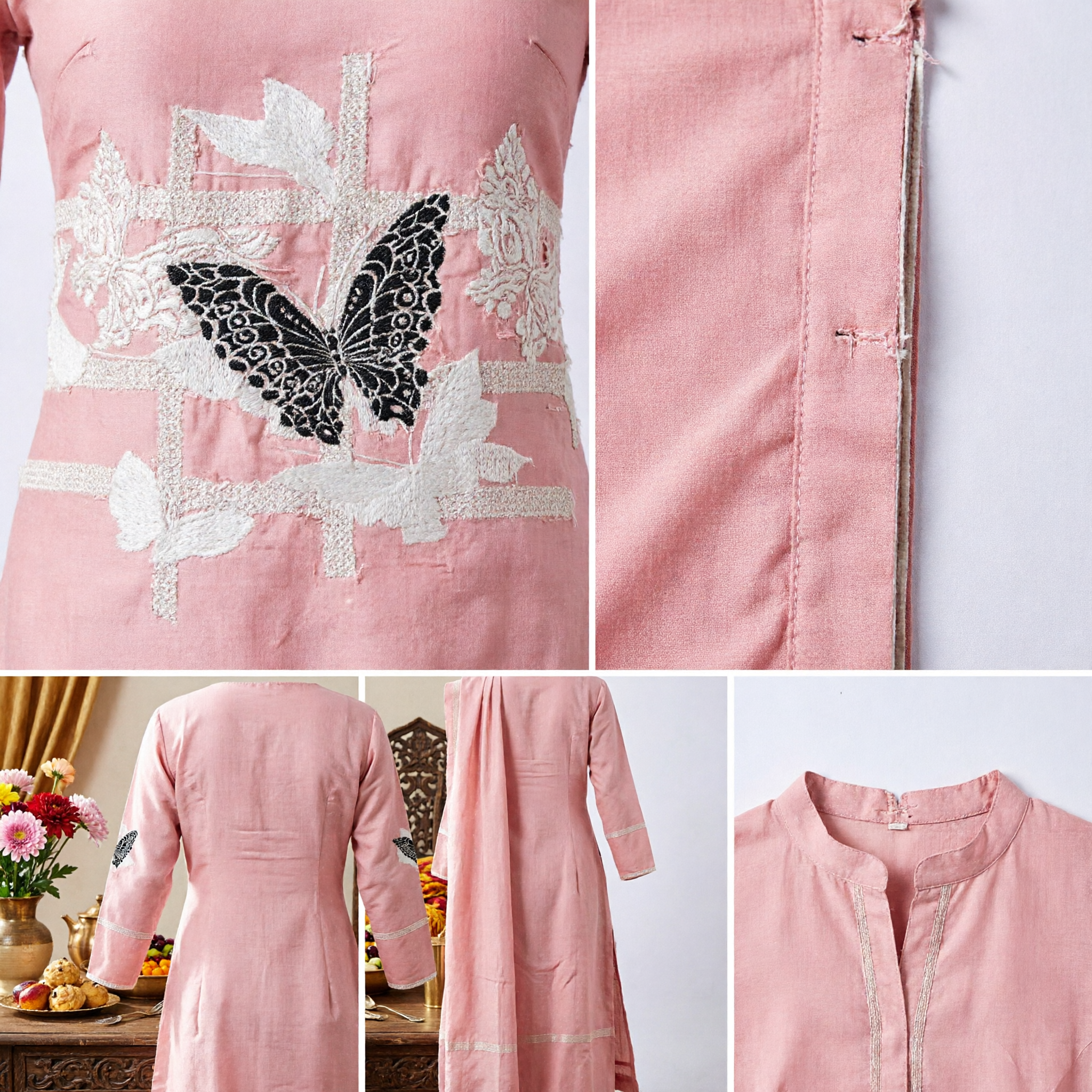 Elegant Pink Silk Scarf with Black Butterfly Embroidery Traditional Chinese Hanfu Qipao Accessory for Women