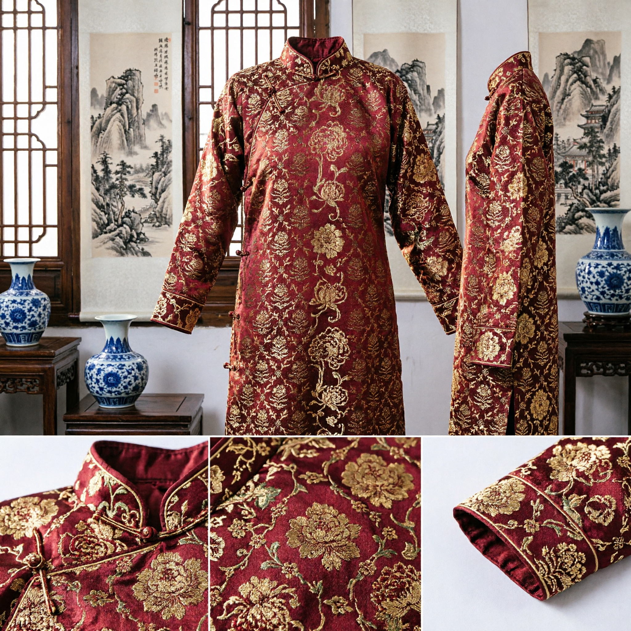 Traditional Chinese Red Brocade Fabric Gold Lotus Pattern for Buddhist Monk Robe or Hanfu Costume Sash