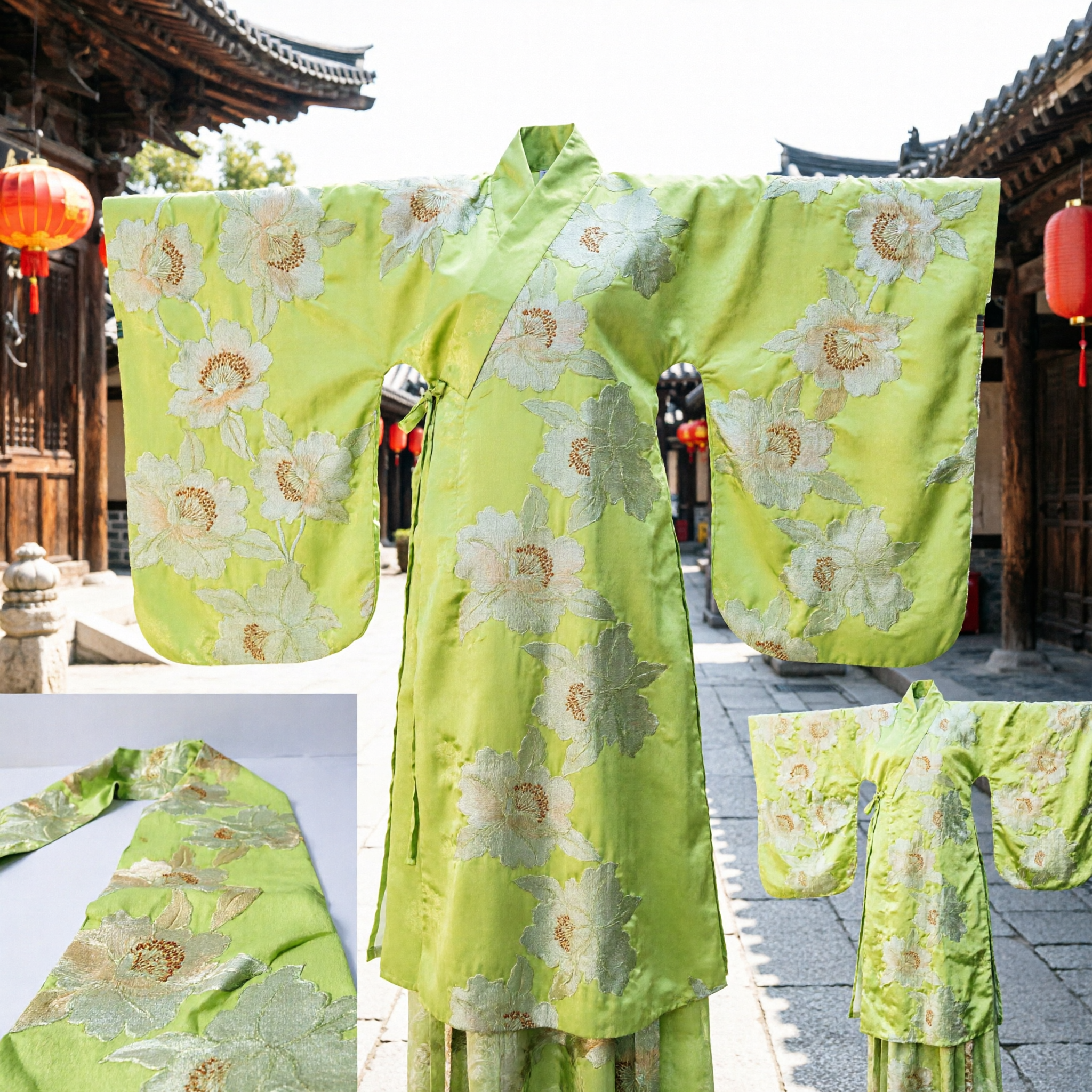 Traditional Chinese Green Silk Brocade Sash Peony Floral Pattern Hanfu Costume Accessory for Women