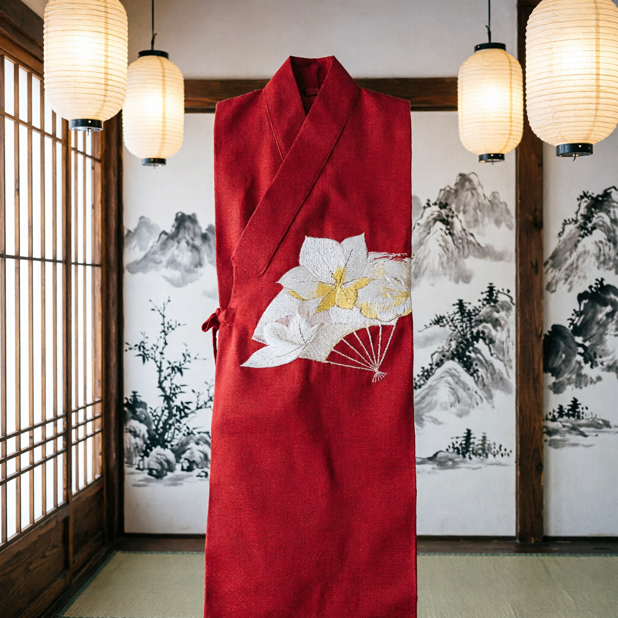 Traditional Chinese Red Silk Sash with Elegant Fan Embroidery for Women Hanfu Costume Wedding and Dance