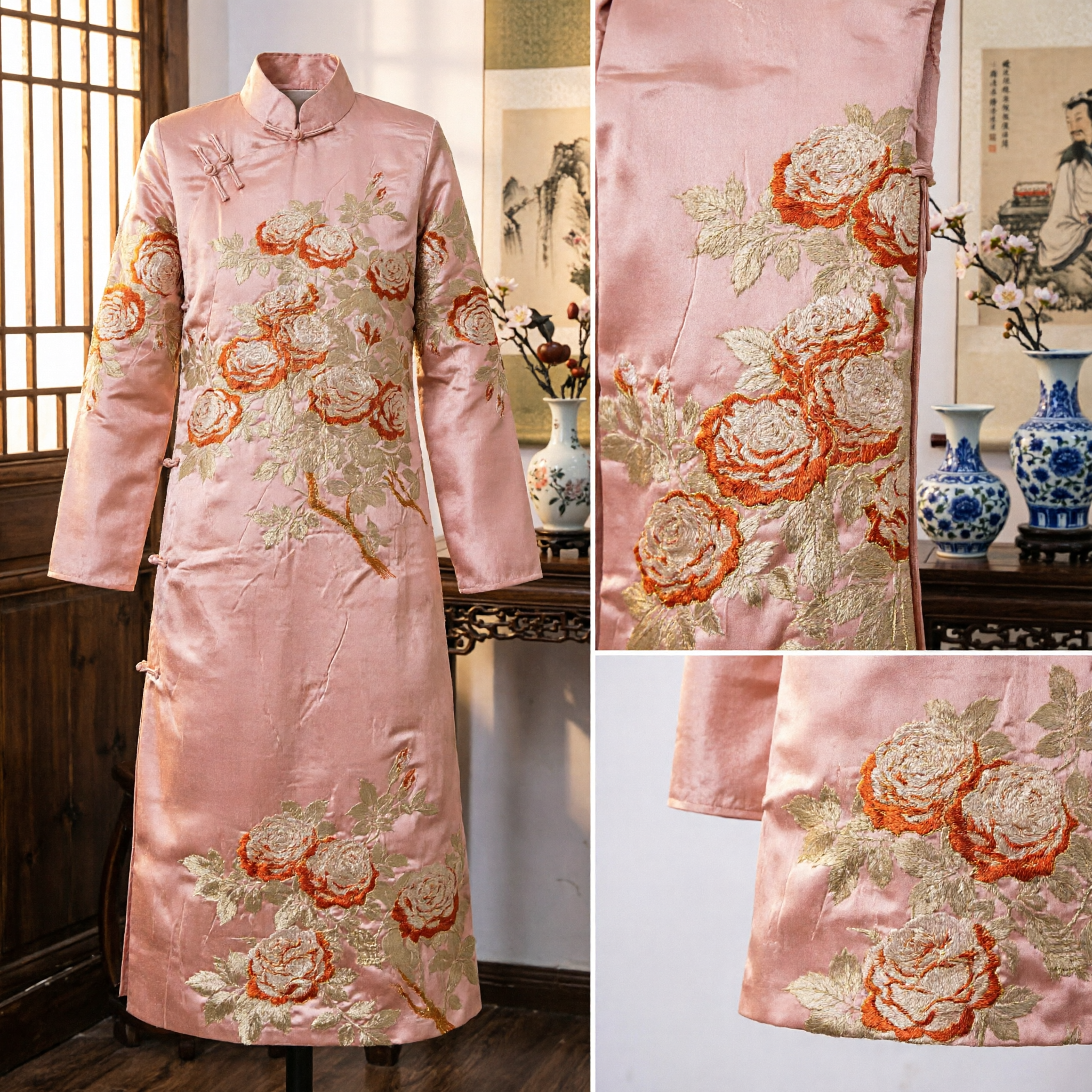 Traditional Chinese Pink Silk Cheongsam Dress Elegant Floral Peony Brocade Qipao Costume for Women