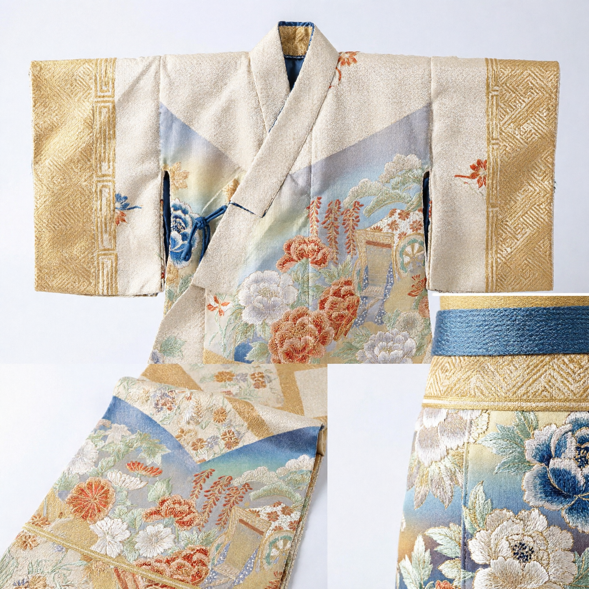 Elegant Traditional Japanese Silk Kimono Obi Sash Gold Floral Fan Design for Women Formal Wear