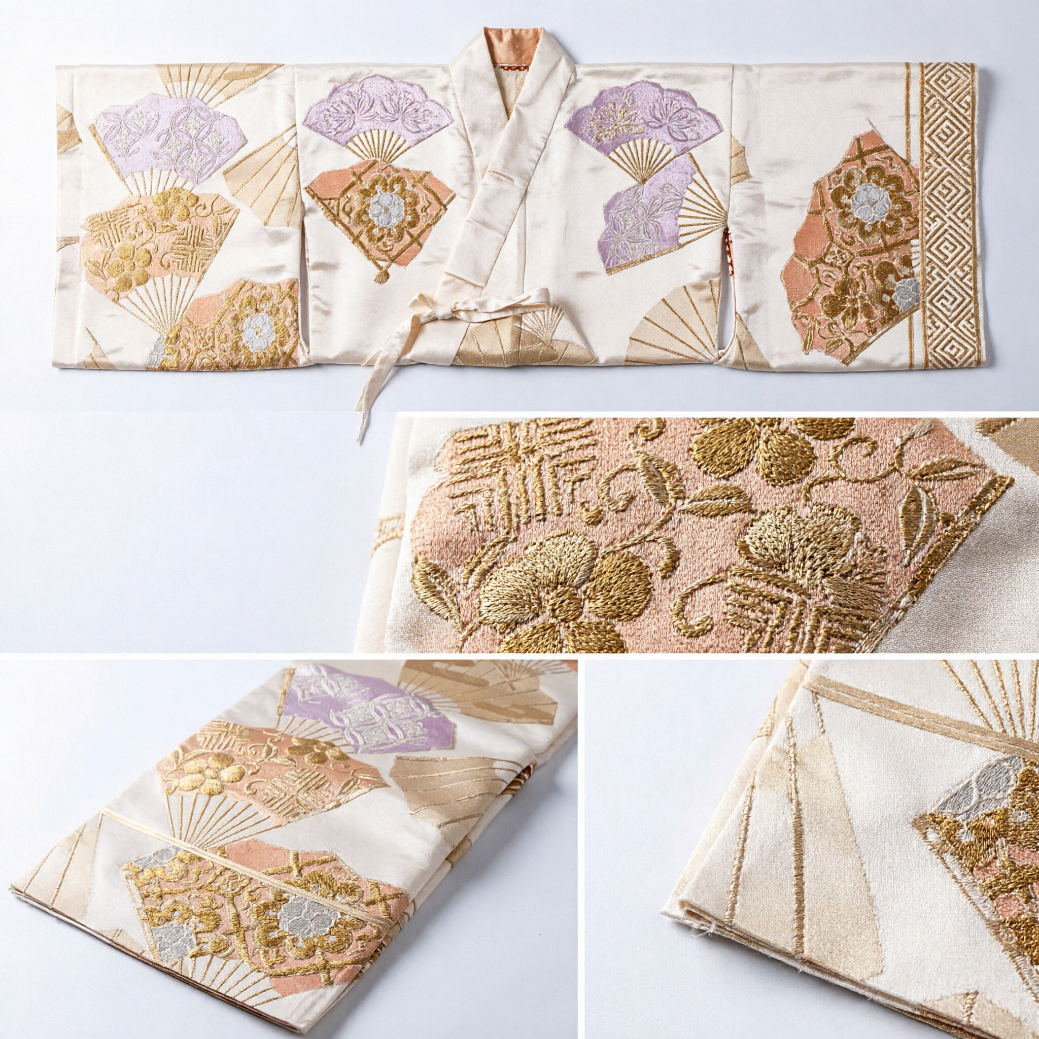 Elegant Japanese Style Silk Kimono Obi Sash with Gold Fan Pattern for Traditional Women's Costume