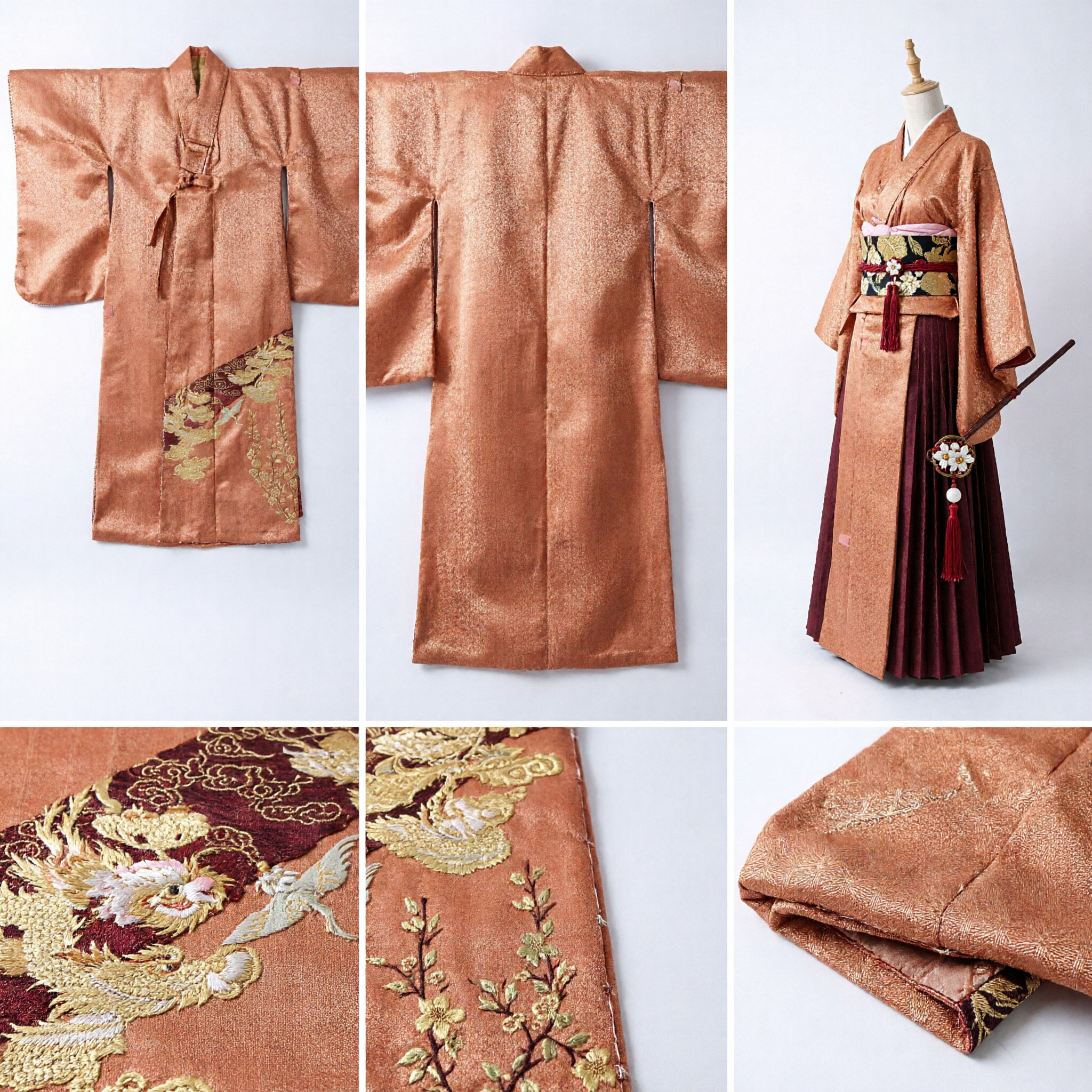 Traditional Chinese Orange Brocade Fabric Gold Pine Tree Motif for Hanfu Robe Sash DIY Sewing