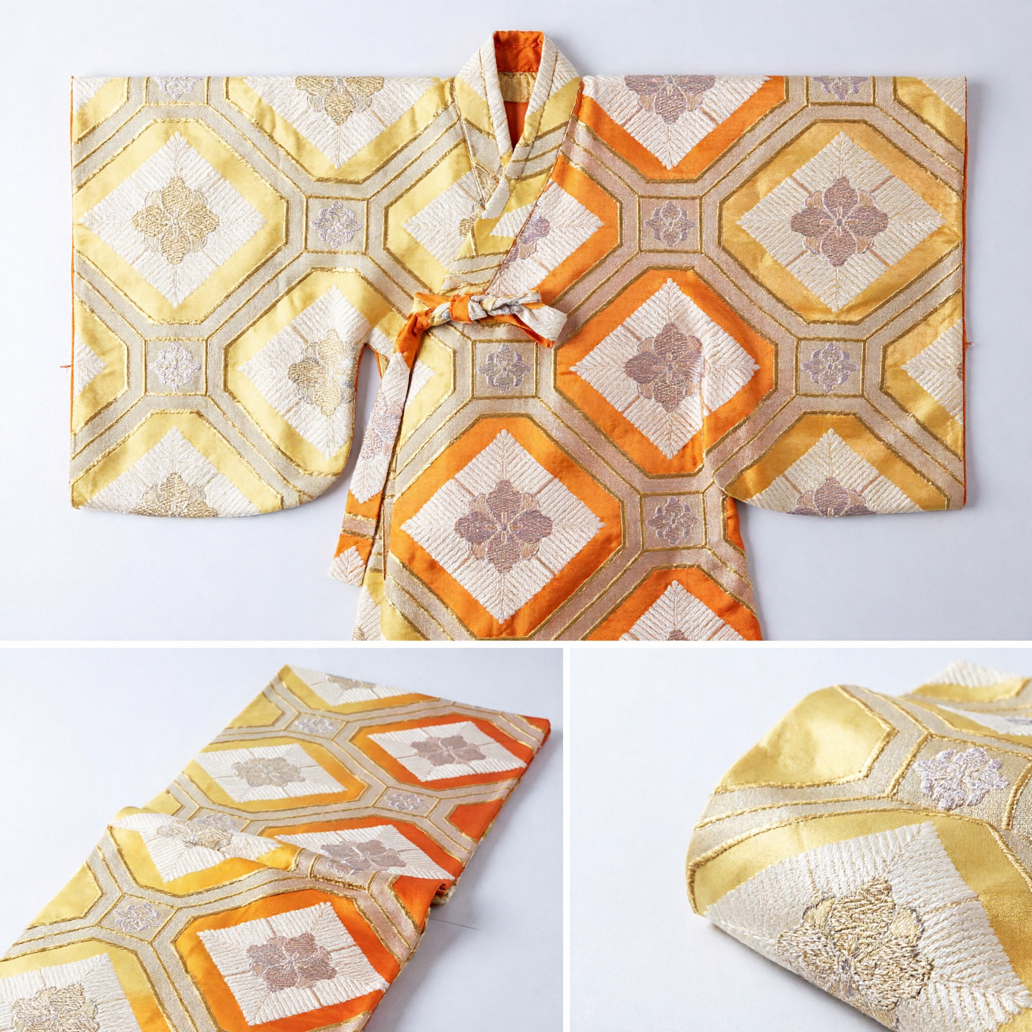 Traditional Orange and Gold Geometric Brocade Sash for Asian Costume Hanfu Kimono Wedding Ceremony Accessory