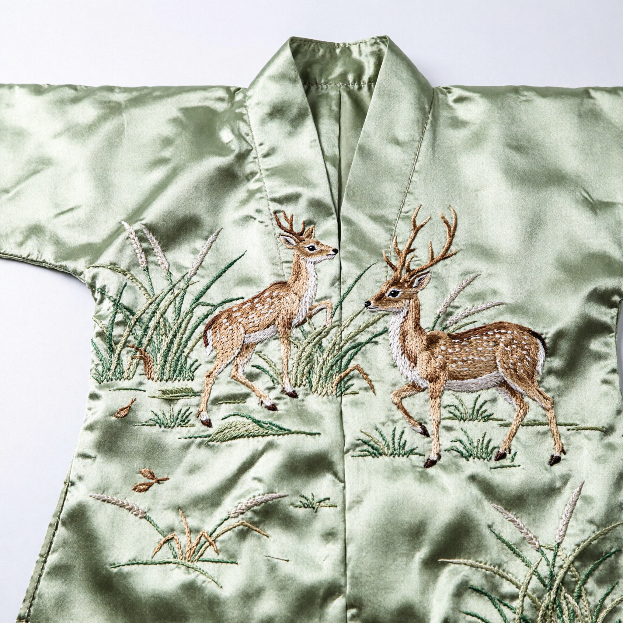 Traditional Chinese Green Silk Table Runner with Double Deer Embroidery for Tea Ceremony and Home Decor
