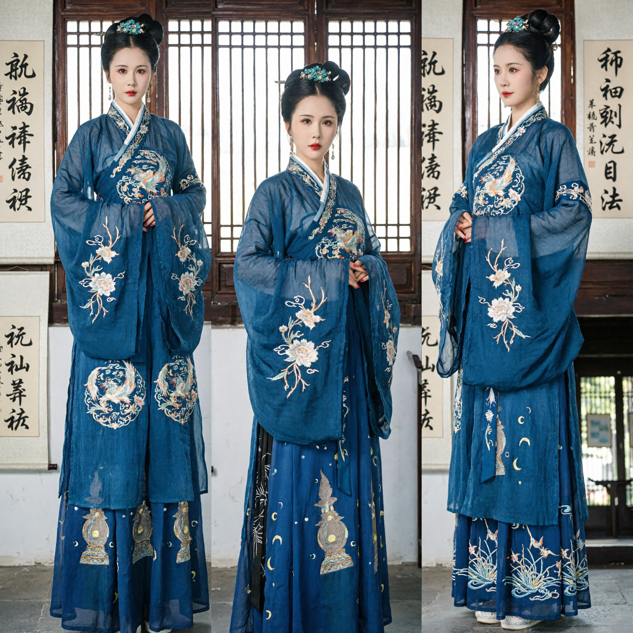 Elegant Blue Traditional Chinese Hanfu Dress Ancient Song Dynasty Embroidered Wide Sleeve Costume for Stage Performance