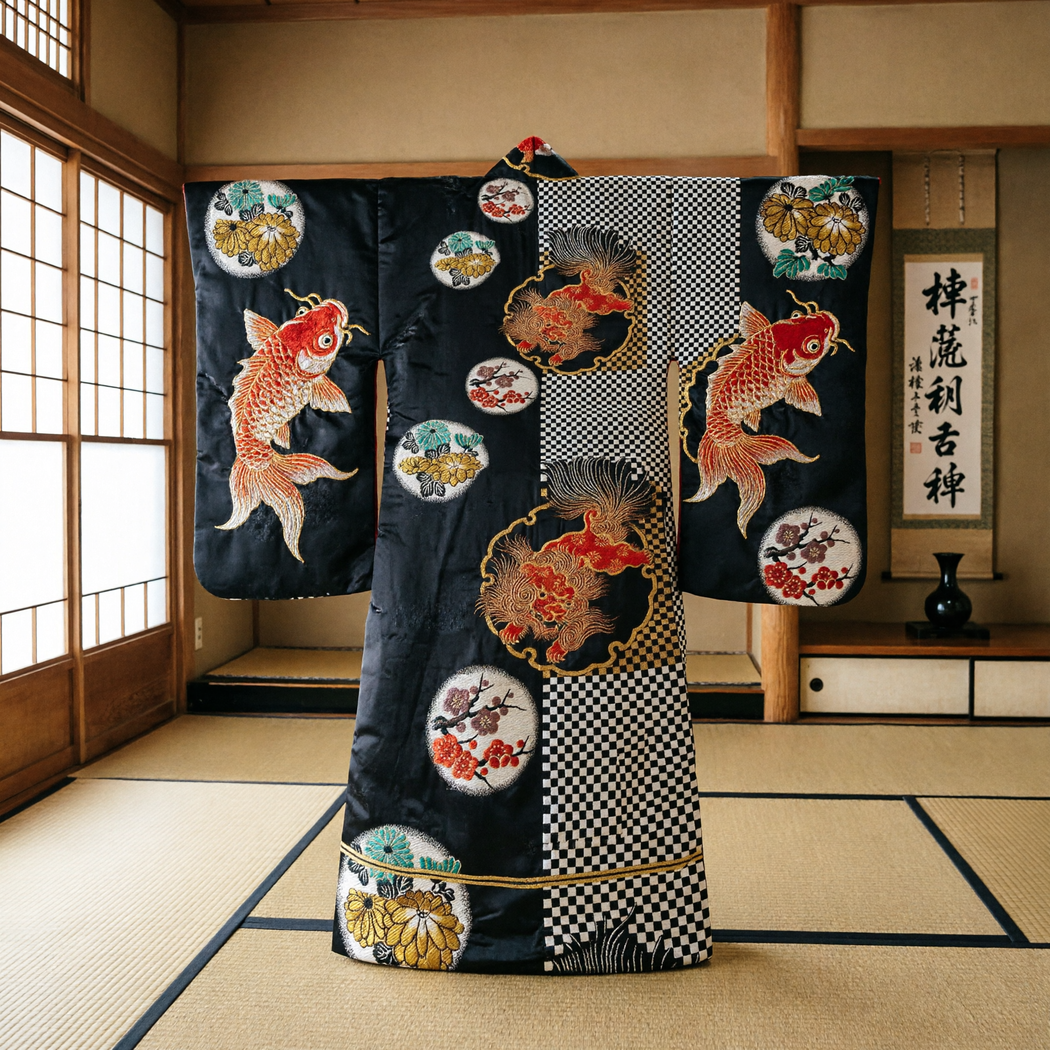 Traditional Chinese Black Sash with Golden Phoenix Embroidery and Floral Medallions for Hanfu Costume