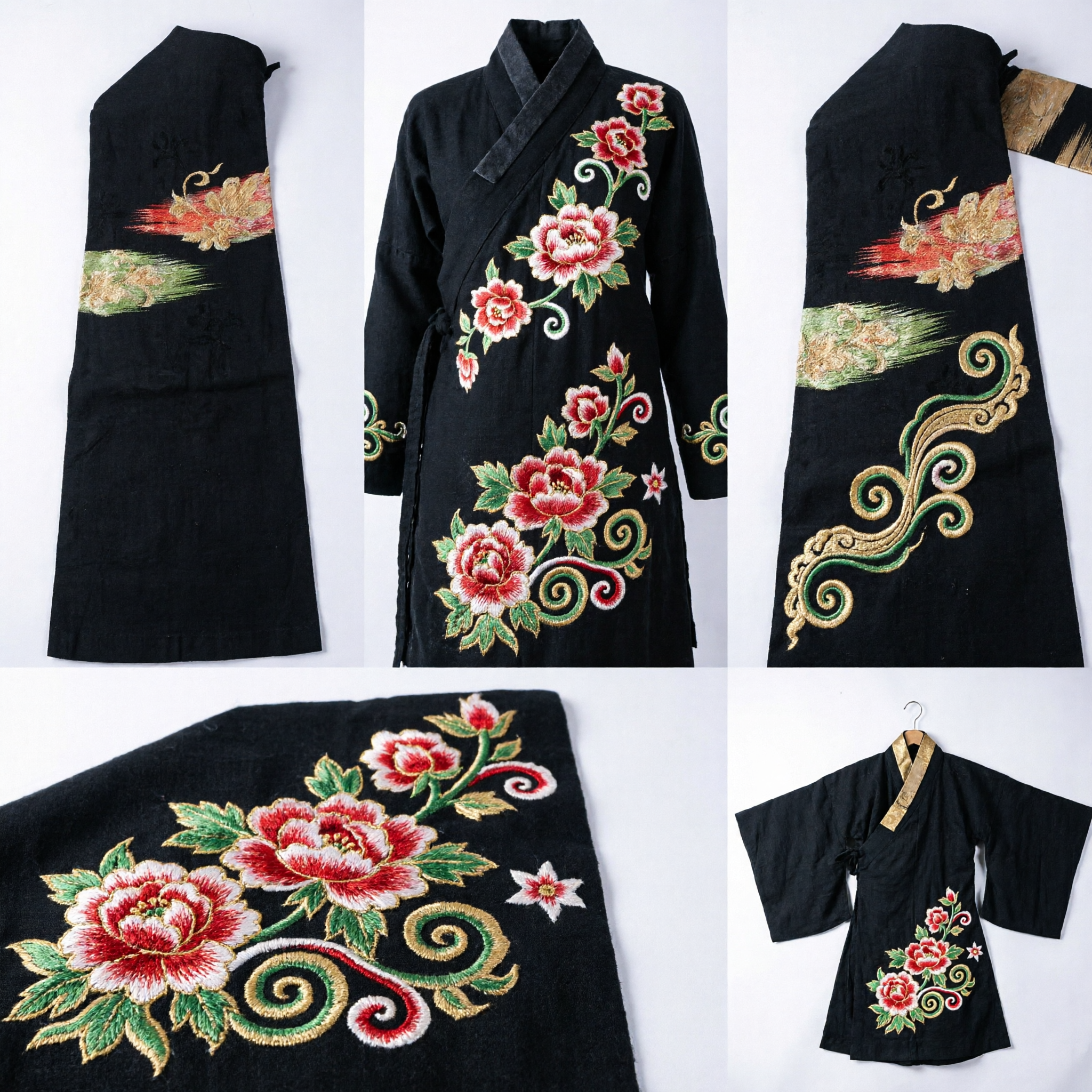 Traditional Chinese Hanfu Black Embroidered Waist Sash with Floral Motifs Ancient Costume Accessory for Men and Women