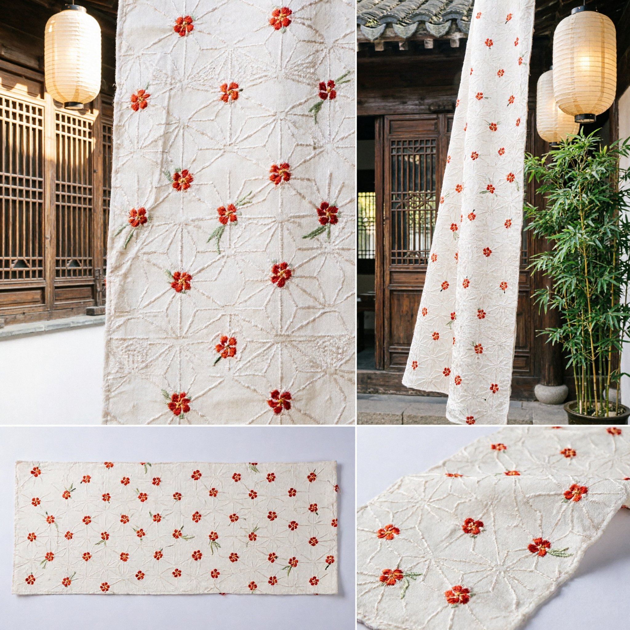 Traditional Chinese Hanfu Cream Silk Waist Sash with Red Floral Pattern Classical Costume Accessory