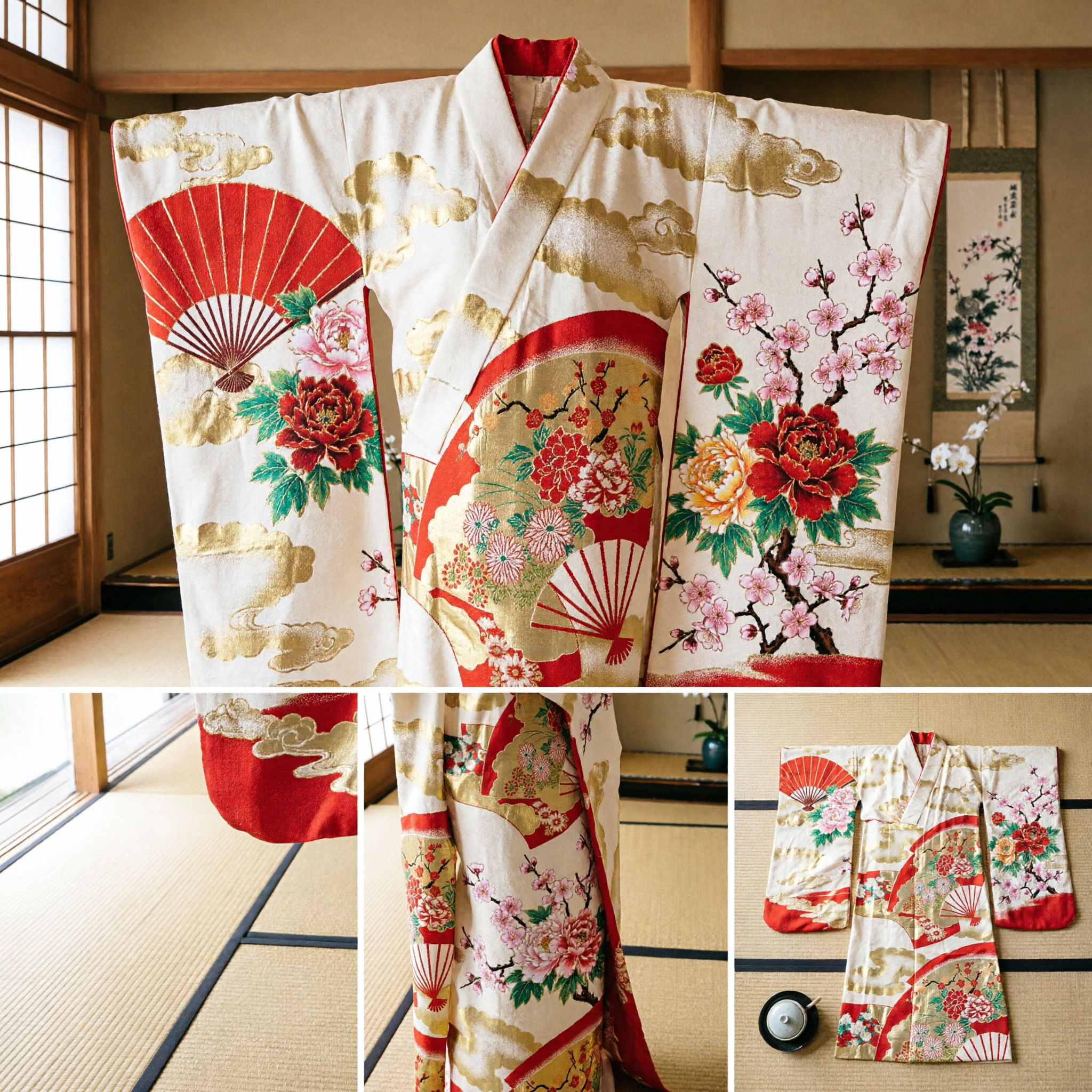 Traditional Japanese Kimono Obi Sash Gold Brocade Red Fan Floral Pattern Costume Accessory for Women