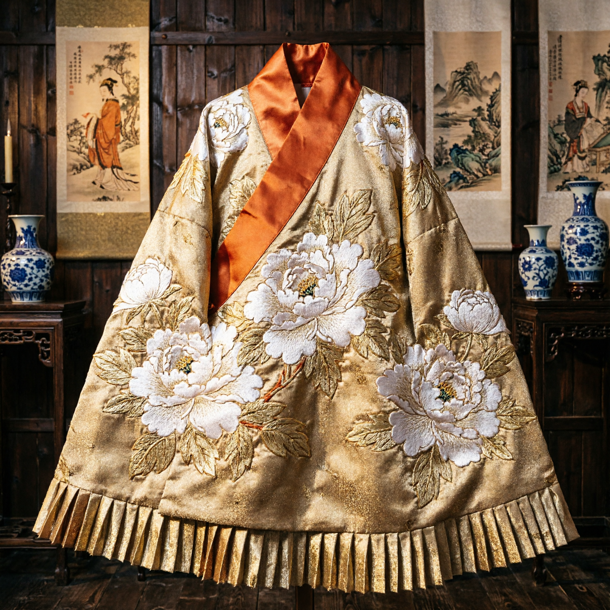 Traditional Chinese Gold Brocade Sash with White Chrysanthemum Floral Design for Hanfu Costume