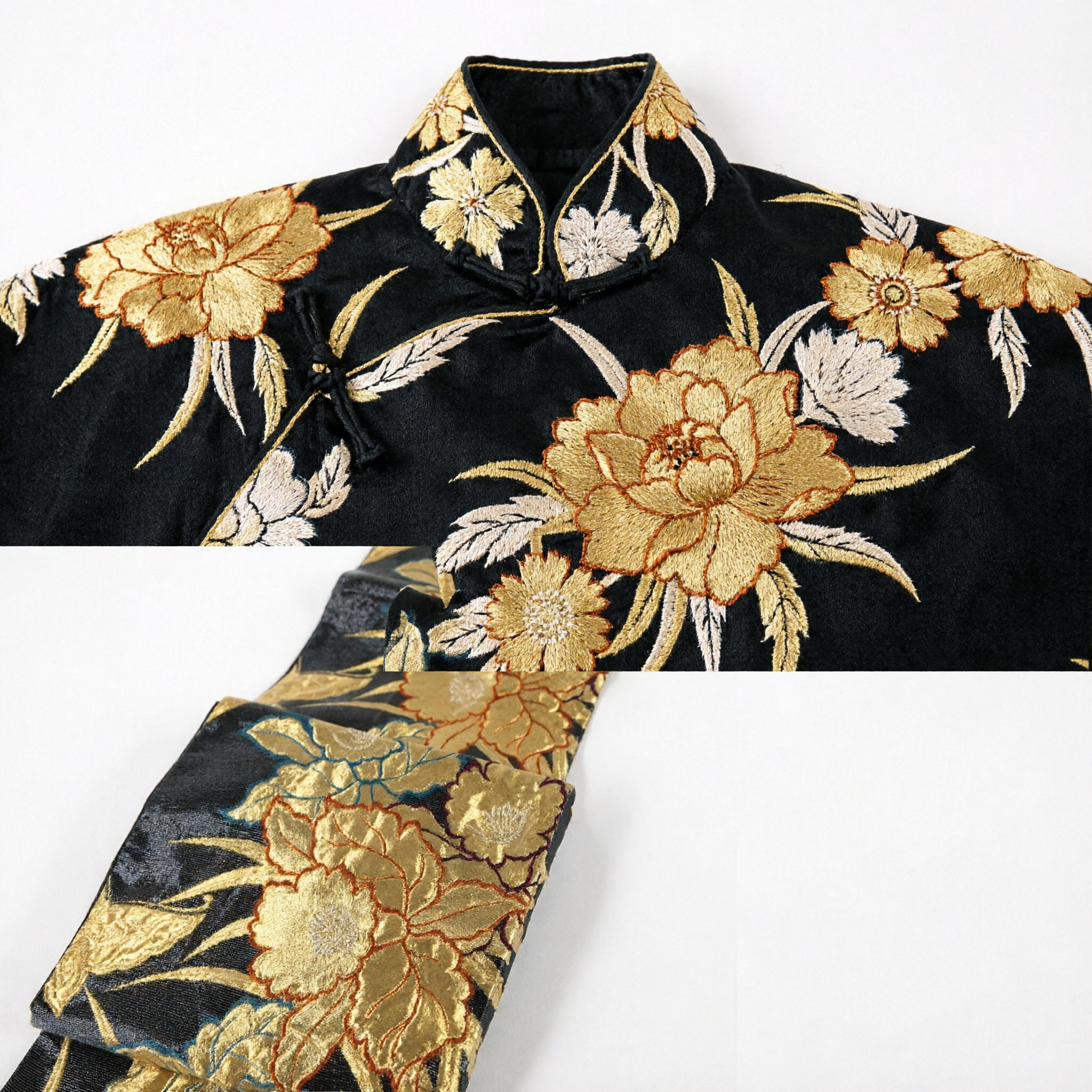 Traditional Chinese Black Silk Brocade Fabric with Gold Peony Pattern for Hanfu Costume Making