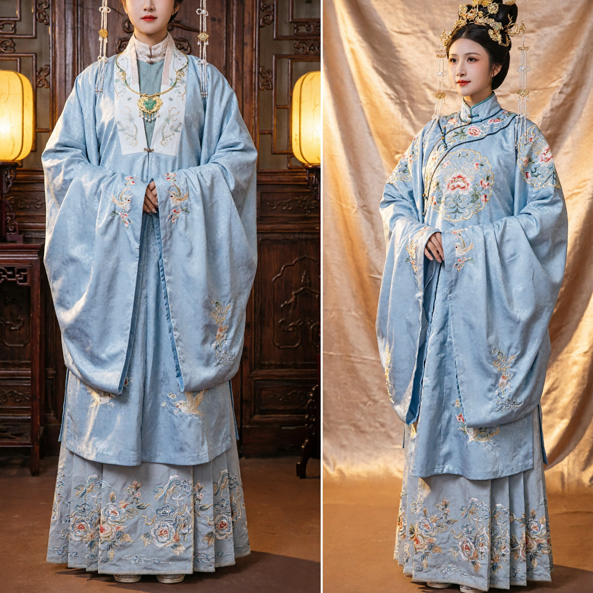 Traditional Chinese Hanfu Ming Dynasty Blue Embroidered Robe and Skirt Set Ancient Palace Costume for Women