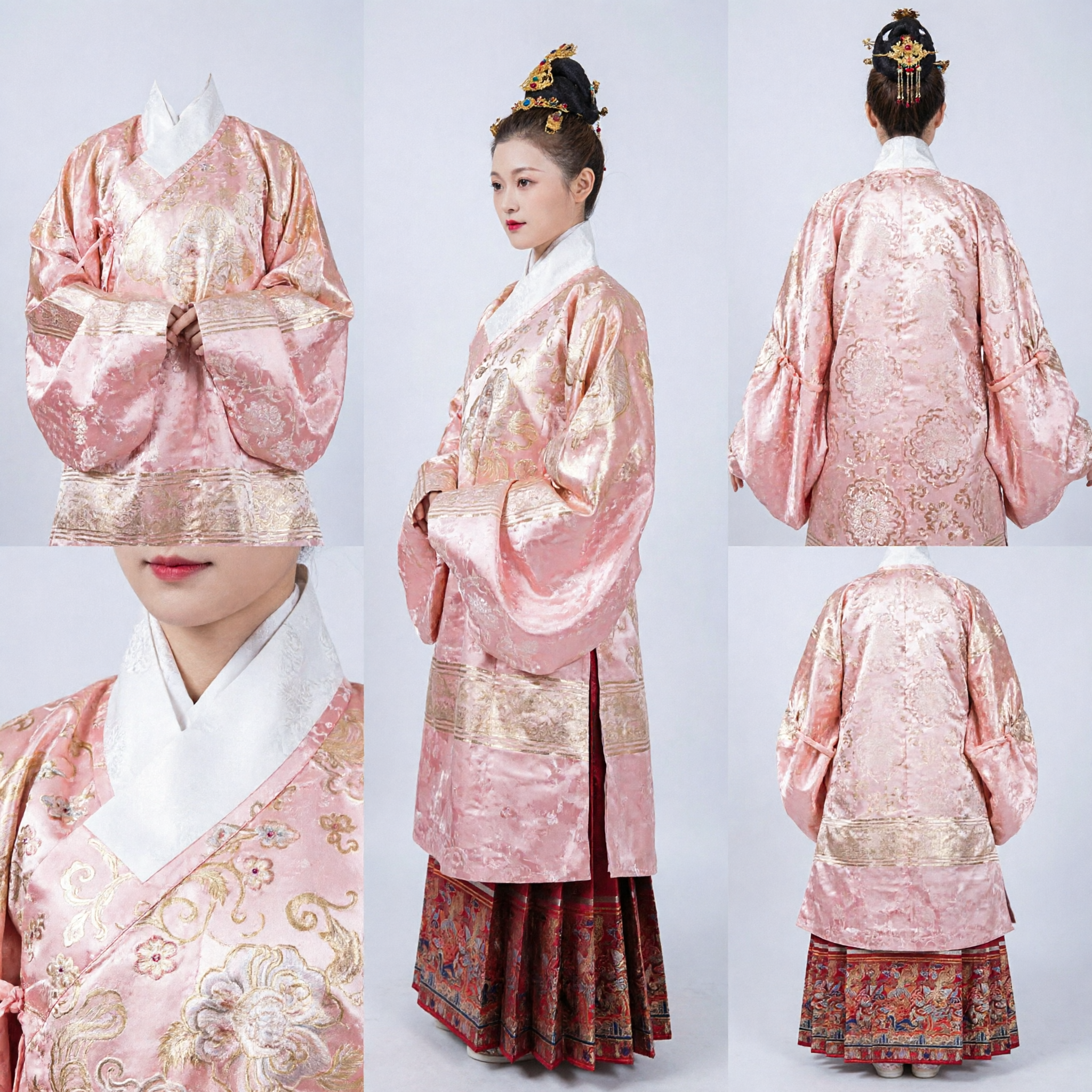 Traditional Chinese Ming Dynasty Hanfu Set Pink Brocade Top and Red Skirt Ancient Costume for Women Wedding