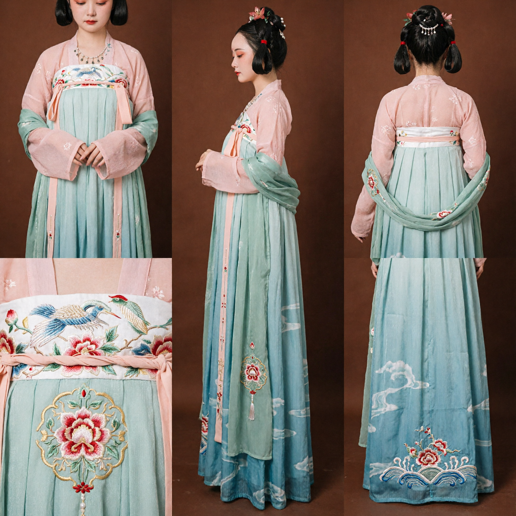 Ancient Chinese Tang Dynasty Hanfu Costume Green and Pink Traditional Dress for Women