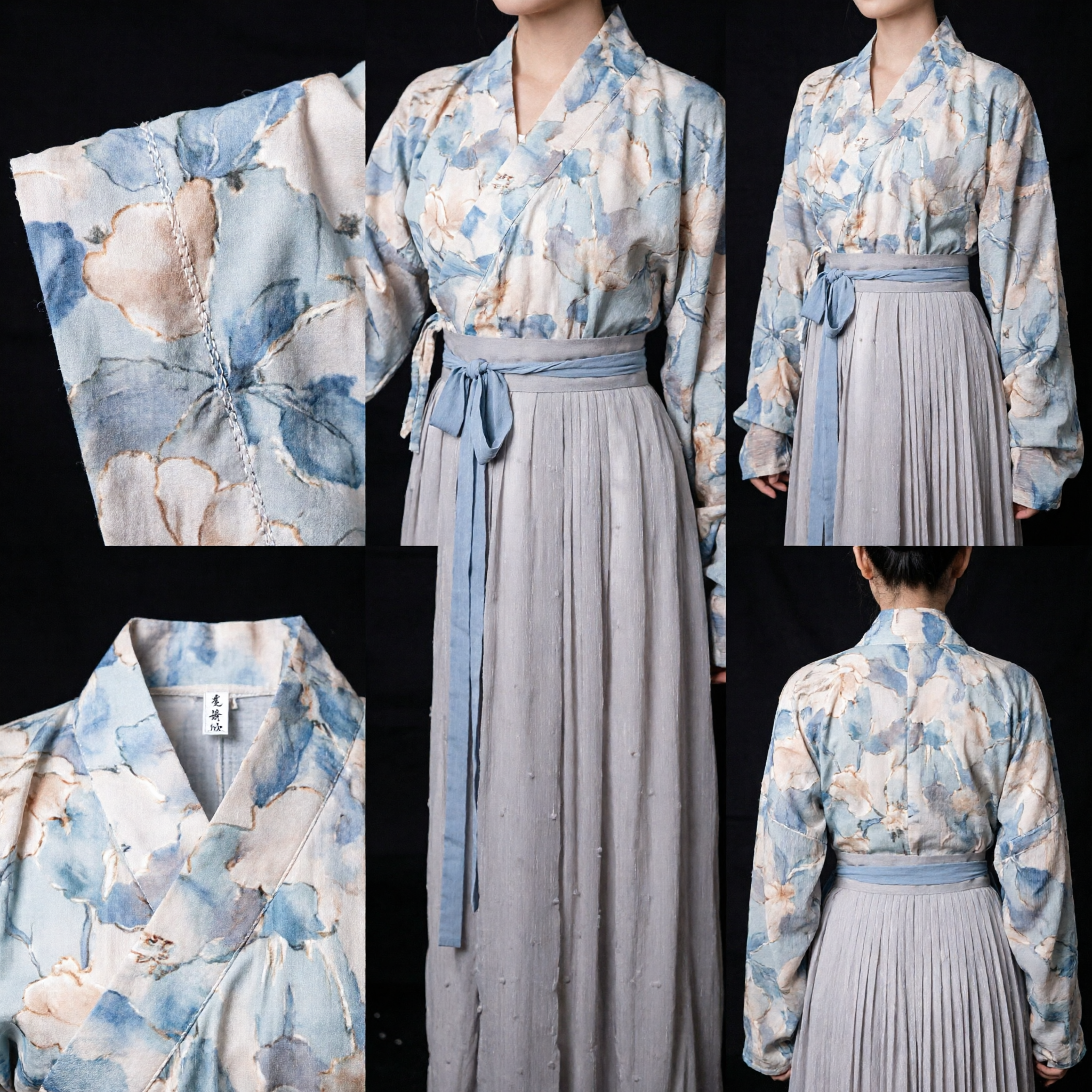 Traditional Chinese Hanfu Ming Dynasty Style Floral Cross-Collar Top and Grey Pleated Skirt Costume Set for Women