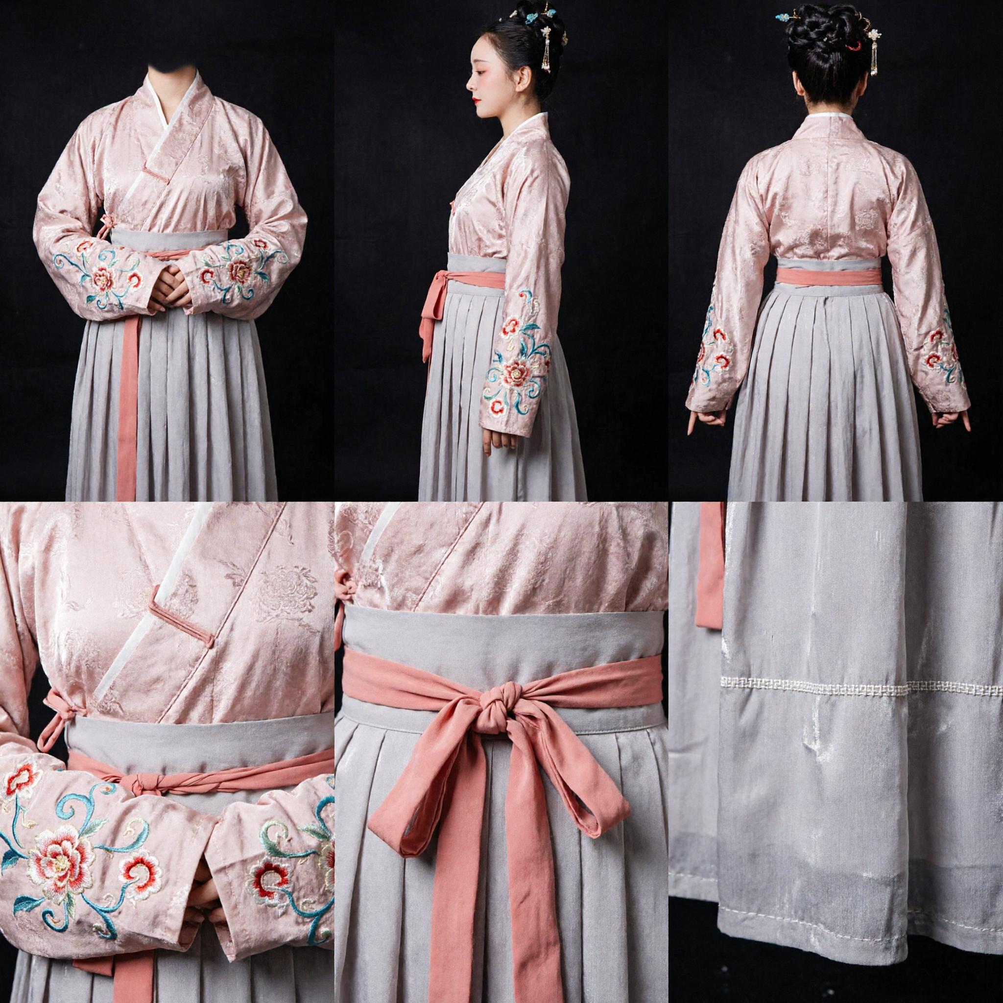 Traditional Chinese Ming Dynasty Hanfu Costume for Women Elegant Pink Top and Grey Pleated Skirt Set