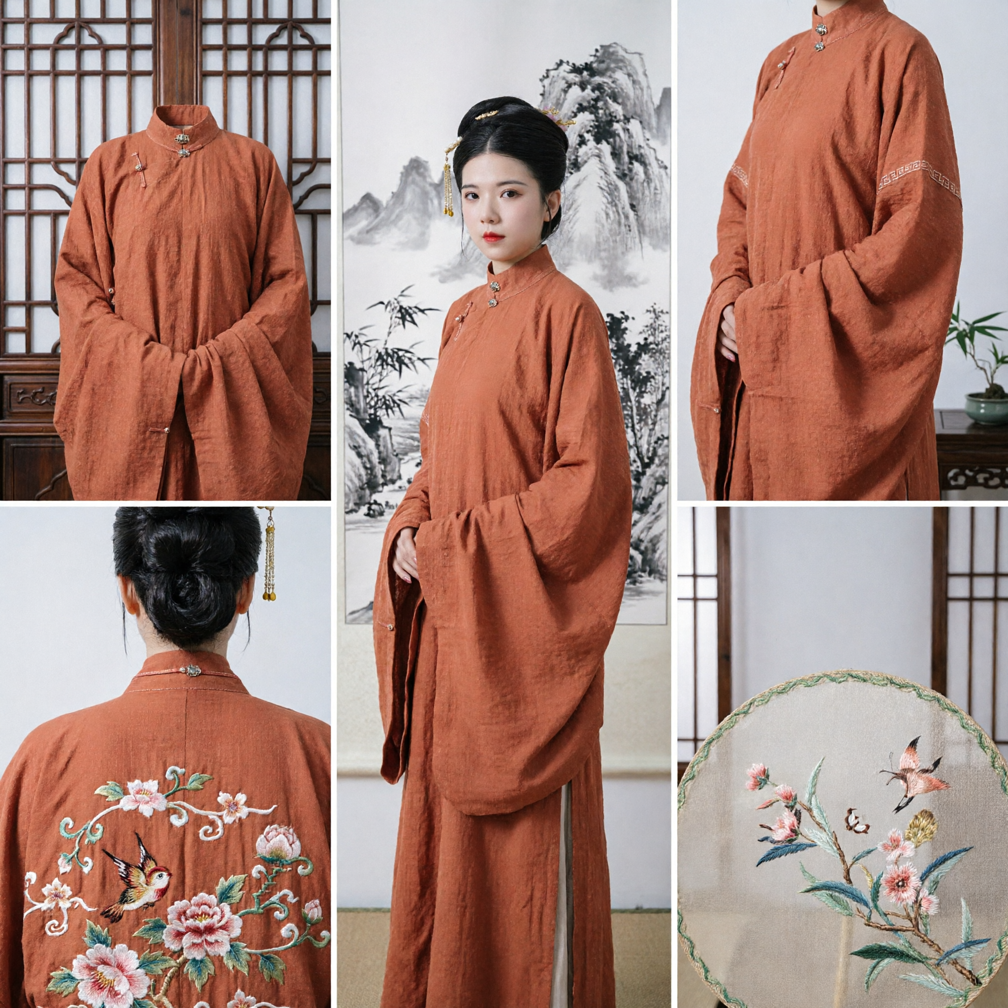 Chinese Traditional Ming Dynasty Hanfu Rust Orange Standing Collar Long Robe Ancient Costume for Women