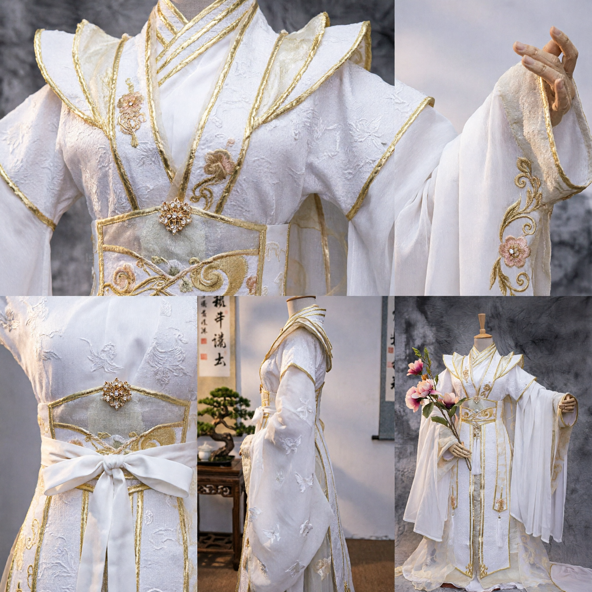 Traditional Chinese Hanfu Costume White Gold Embroidery Ancient Swordsman Prince Robe for Men Cosplay Performance