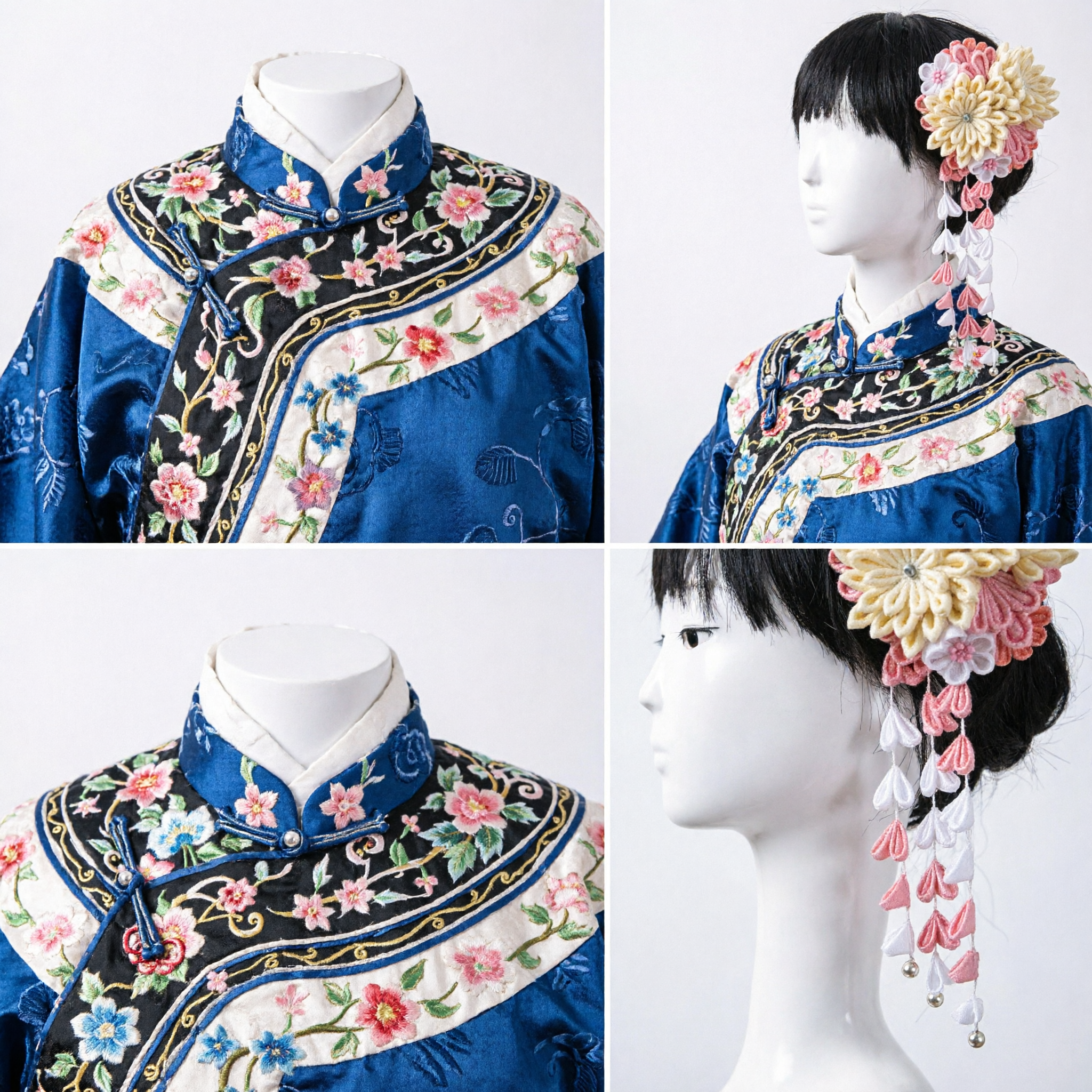 Elegant Chinese Traditional Hanfu Hair Accessory Pastel Fabric Flower Cluster with Dangling Beaded Tassels