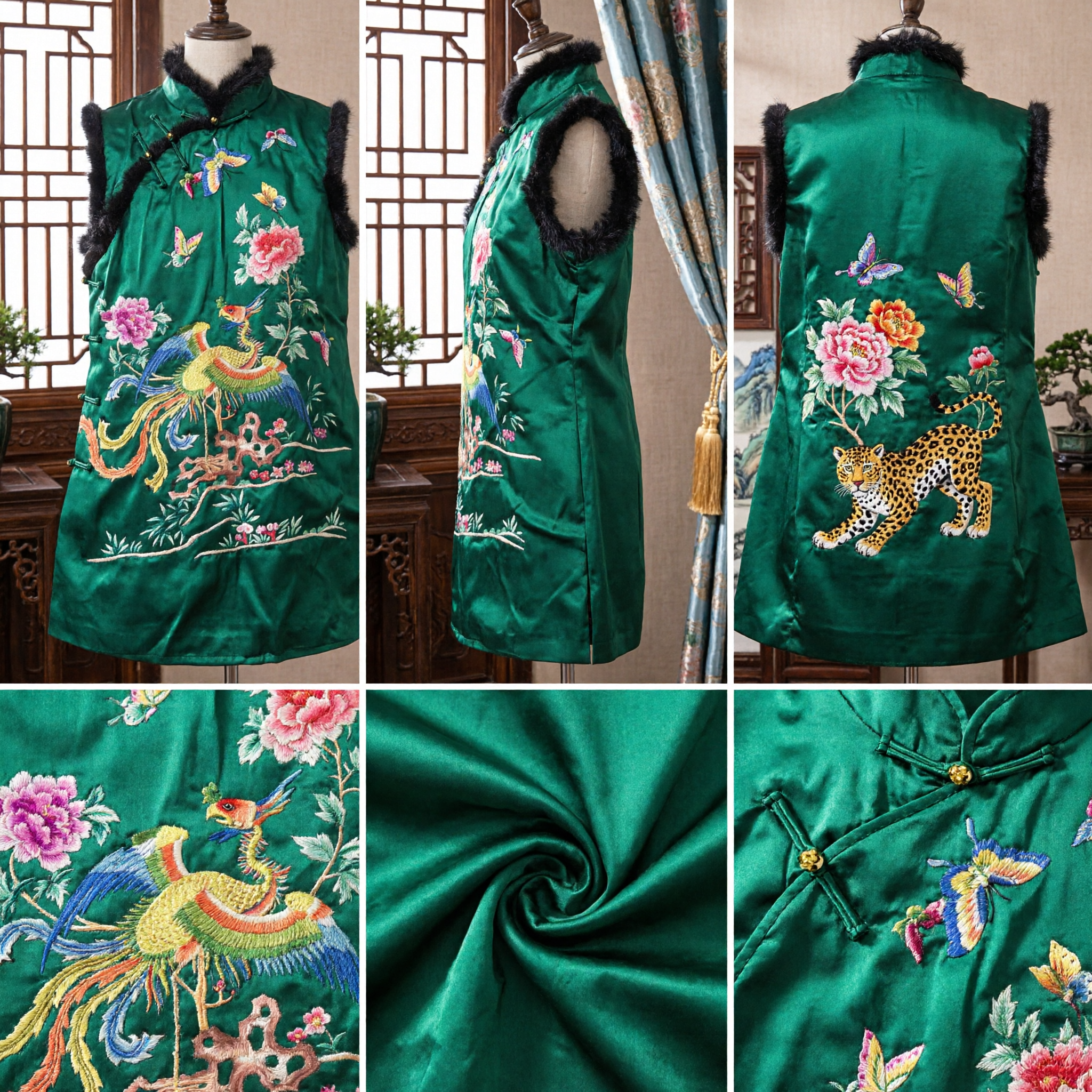 Traditional Chinese Green Silk Tang Suit Vest Women Phoenix Peony Embroidery Fur Trim Wedding Waistcoat