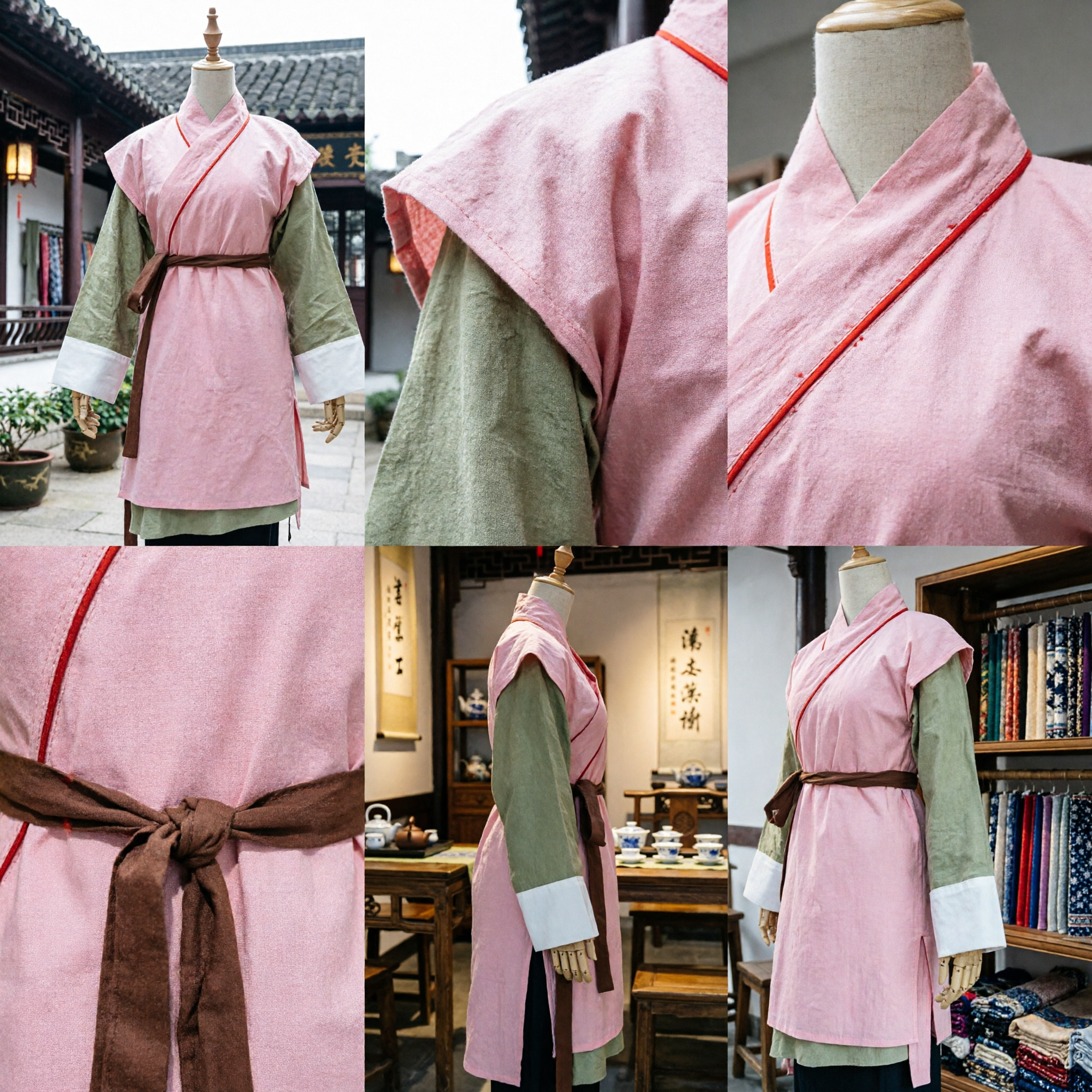 Traditional Chinese Hanfu Costume Pink Cross-Collar Top with Green Sleeves Ancient Clothing for Historical Cosplay