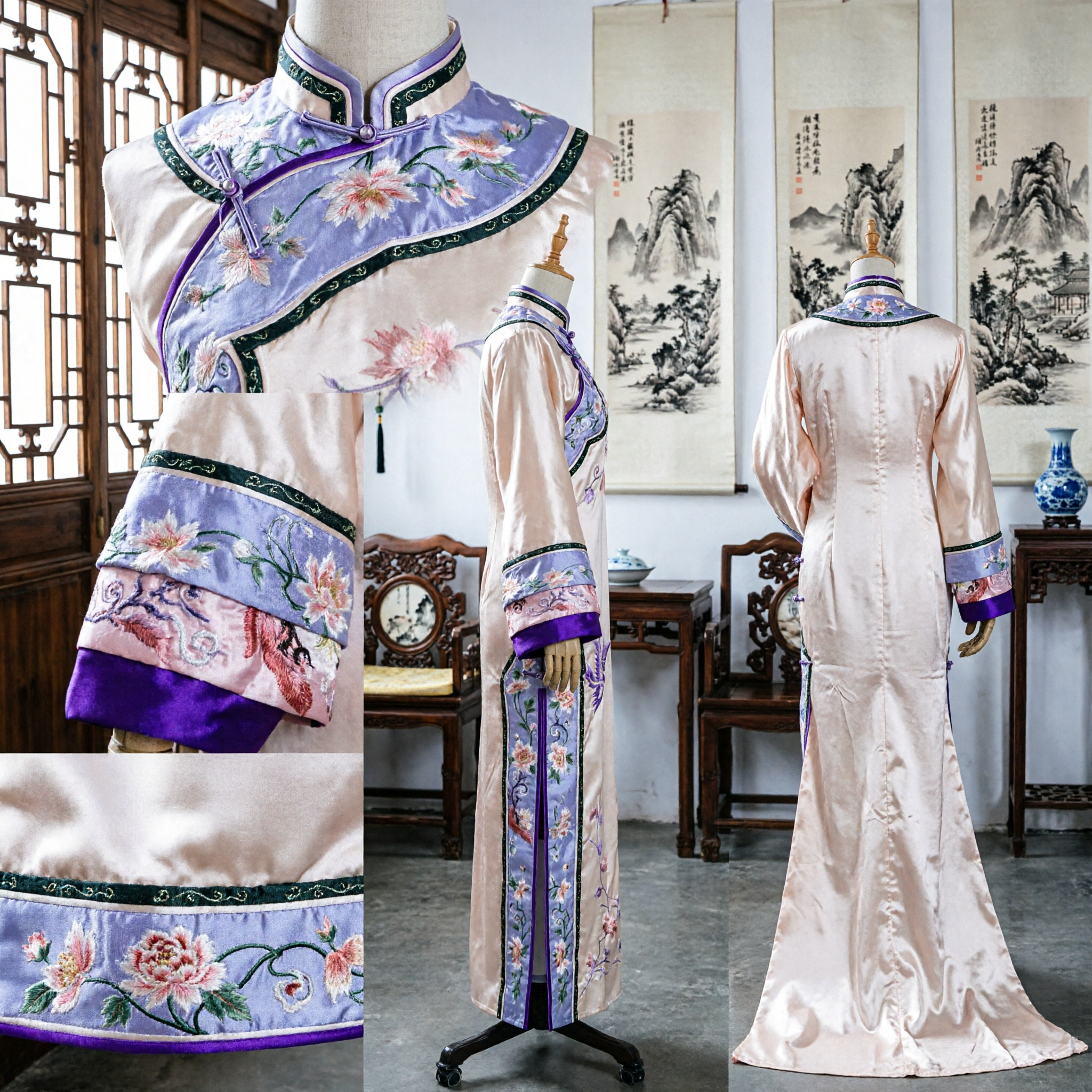 Elegant Traditional Chinese Silk Cheongsam Dress Vintage Floral Qipao with Wide Sleeves for Cultural Events