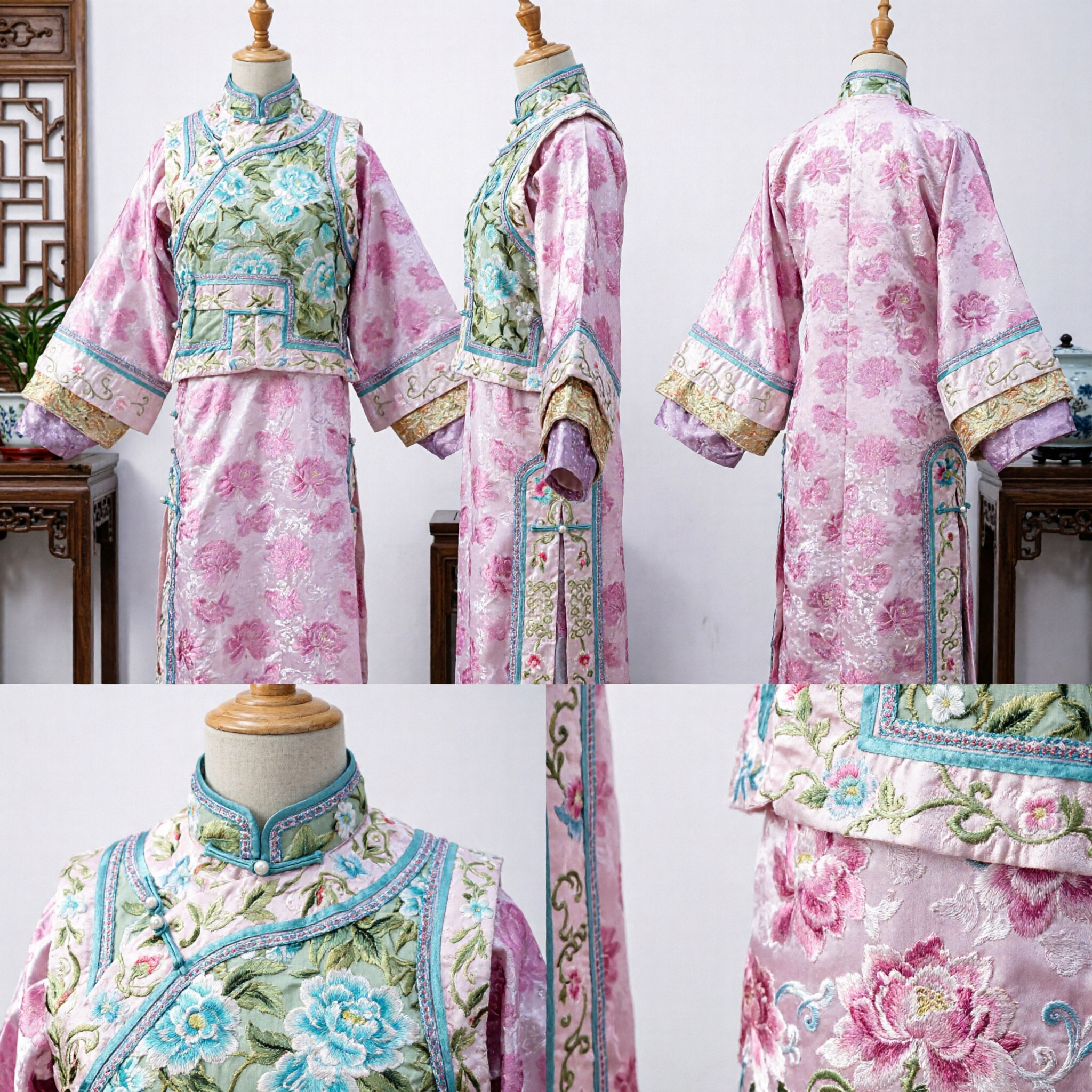 Traditional Chinese Qing Dynasty Costume Pink Floral Embroidery Robe and Jacket Set Ancient Manchu Hanfu for Women