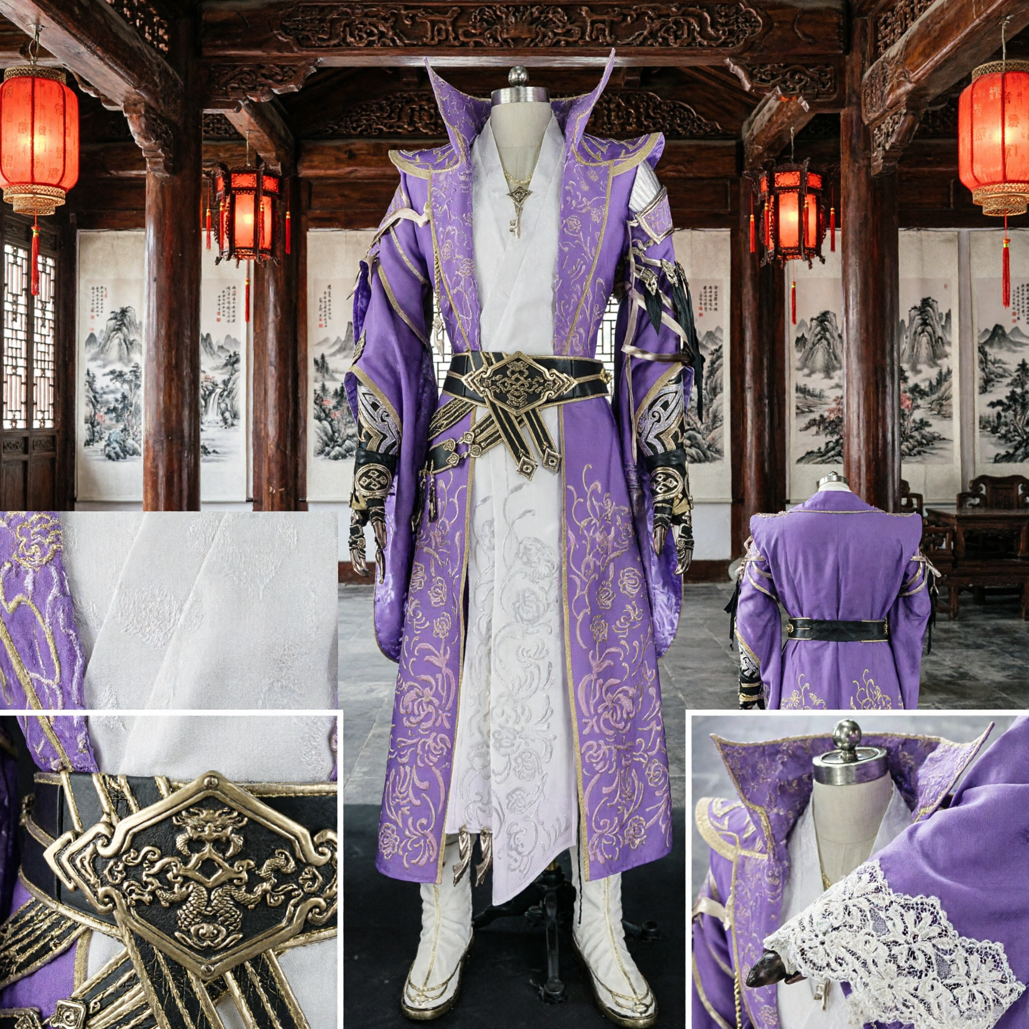 Men's Purple Ancient Chinese Swordsman Xianxia Fantasy Cosplay Costume Noble Robe Armor Set for Halloween