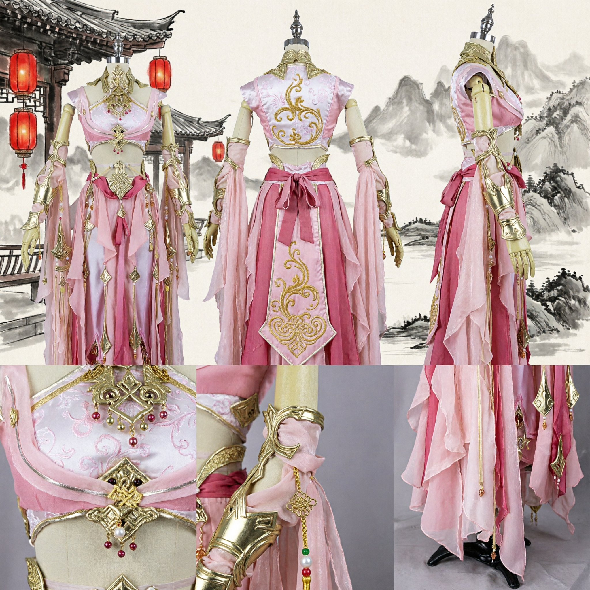 Elegant Pink Chinese Xianxia Cosplay Costume Ancient Fantasy Dancer Hanfu Outfit with Gold Armor for Women