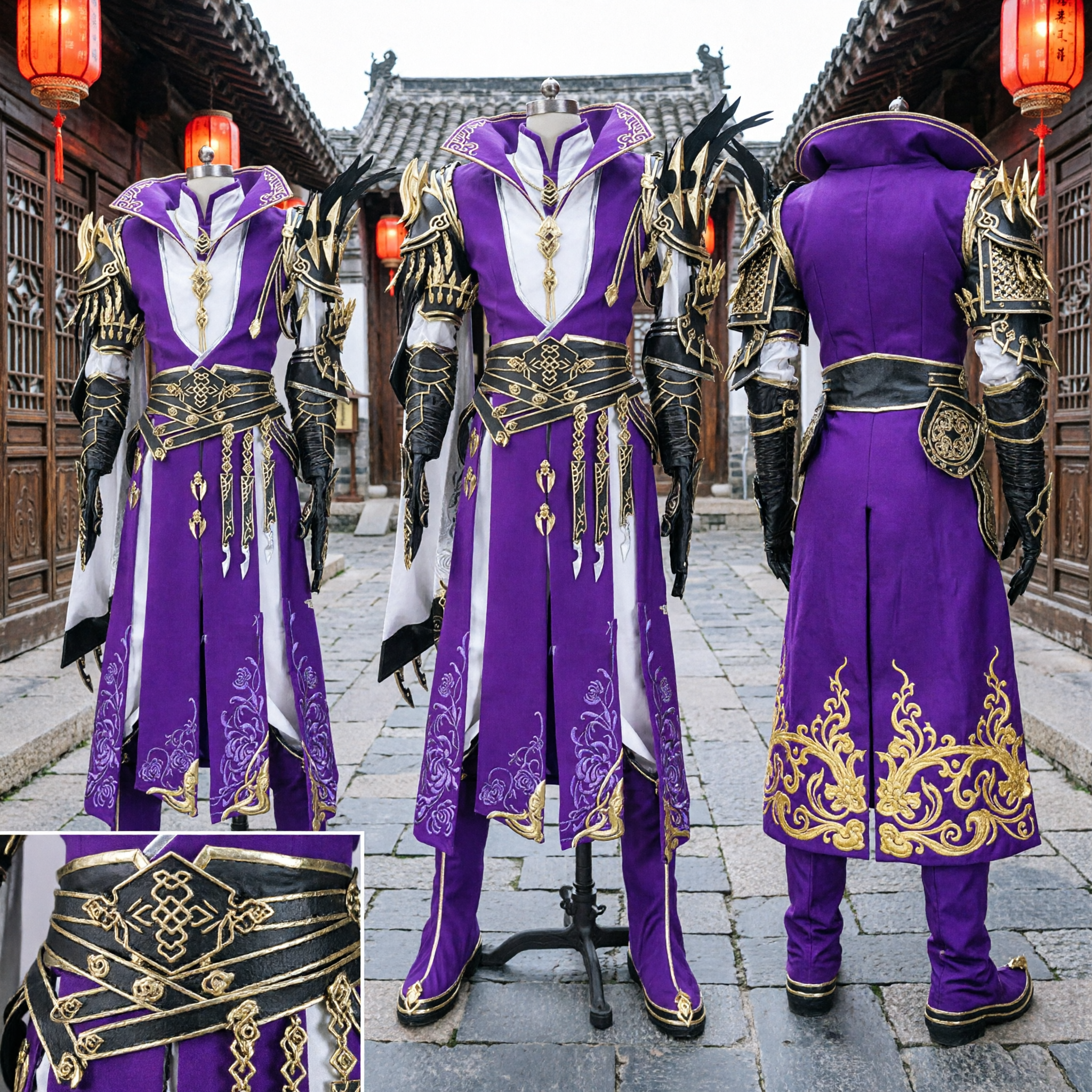 Purple Ancient Chinese Swordsman Cosplay Costume with Elaborate Gold Armor for Men Halloween Role Play