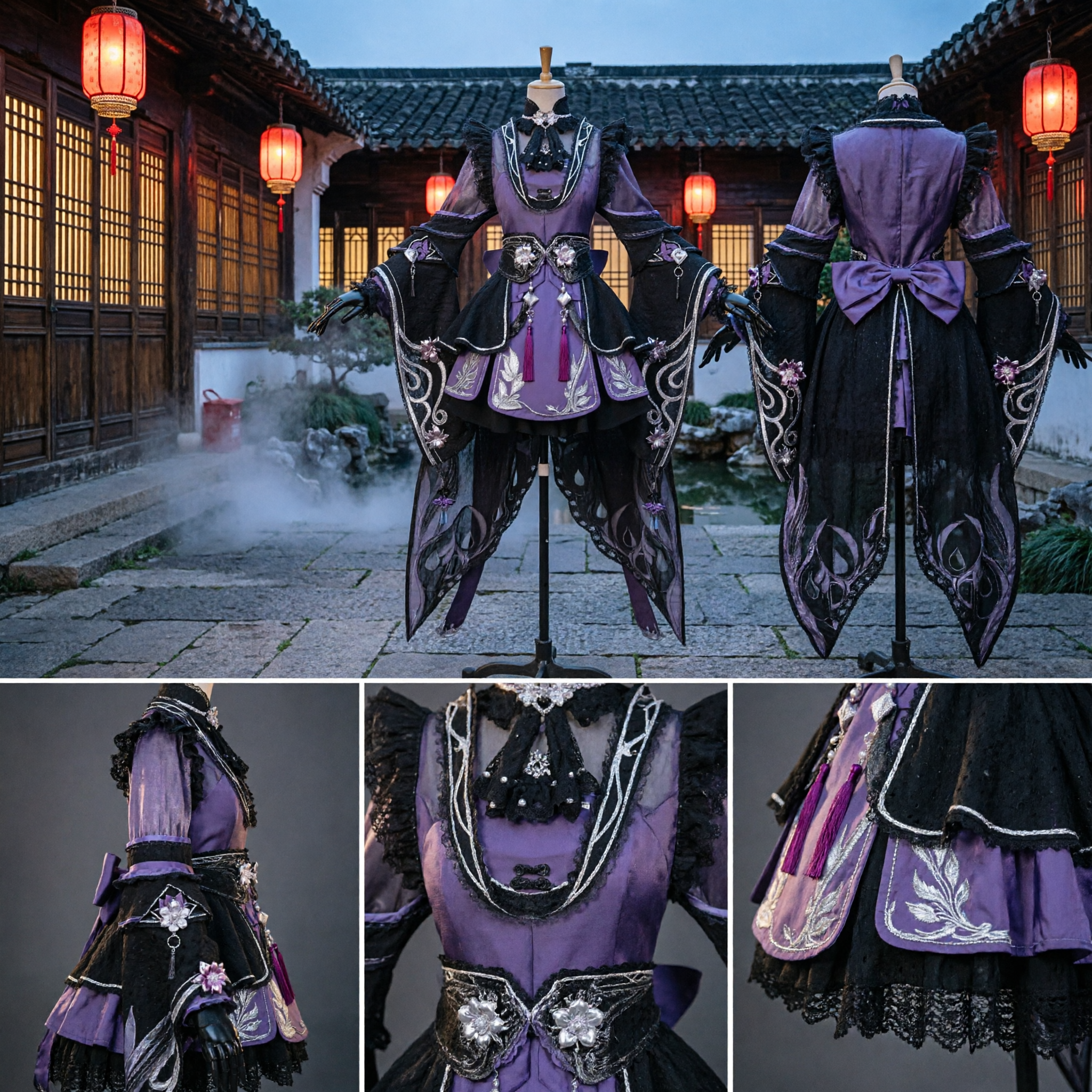 Purple and Black Chinese Ancient Wuxia Cosplay Costume Embroidered Hanfu Dress for Women Performance