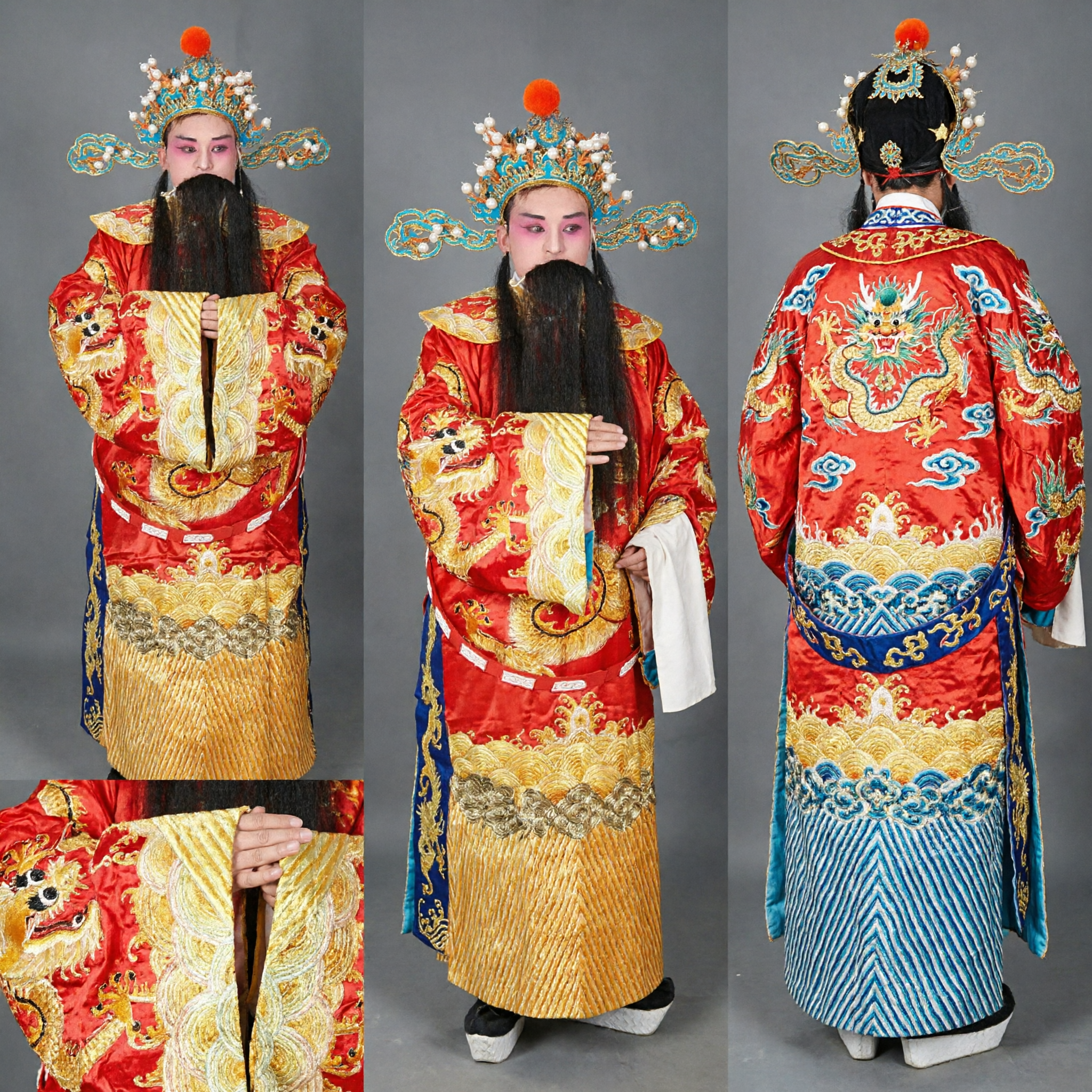 Traditional Chinese Beijing Opera Costume Red Dragon Robe Emperor Clothing Set for Male Stage Performance